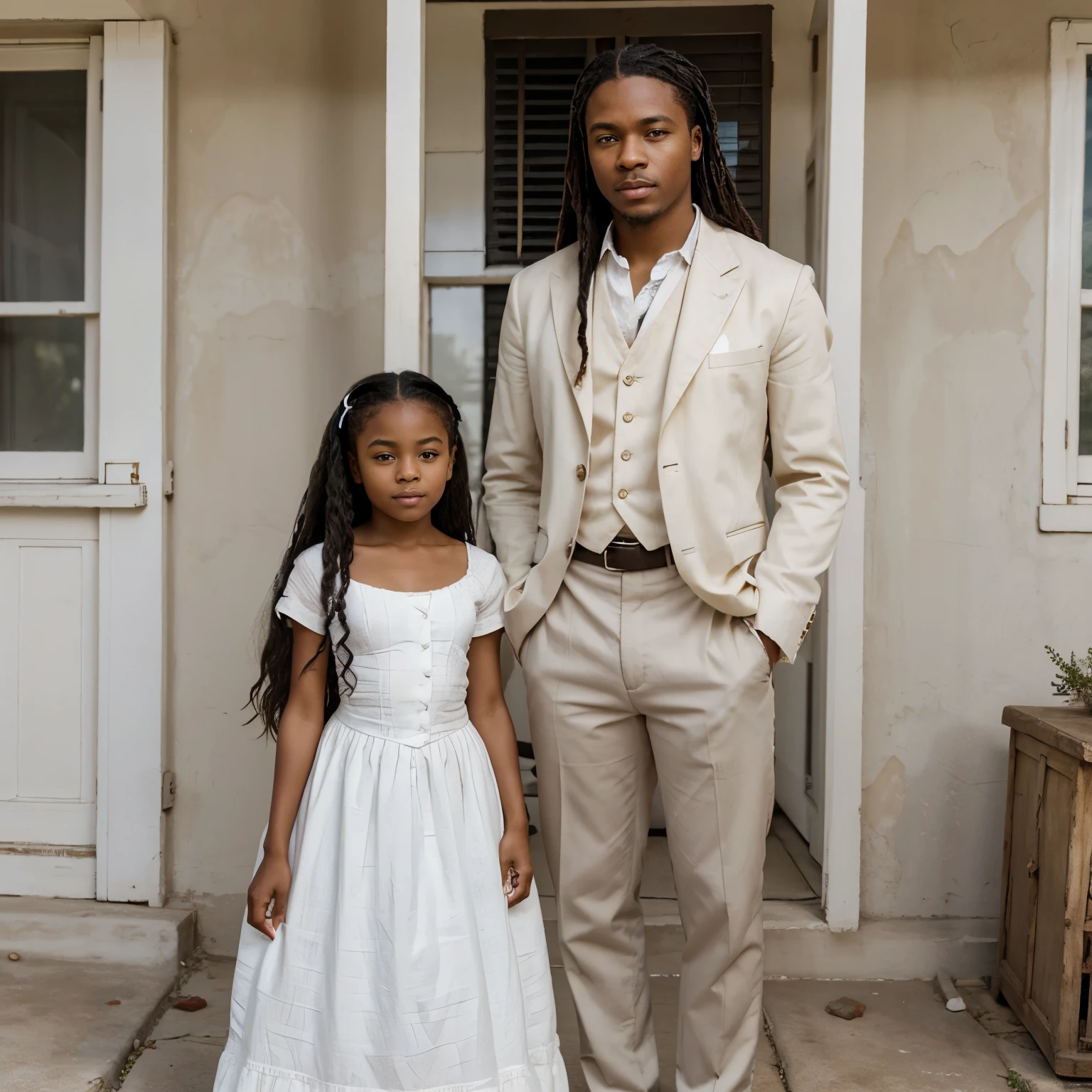 A beautiful voluptous african-american woman wearing 1800s style clothes with a small african american 8  boy. Standing in front of white washed home with shutters. The woman has long hair, refined elegant. Their clothes are expensive and finely made.