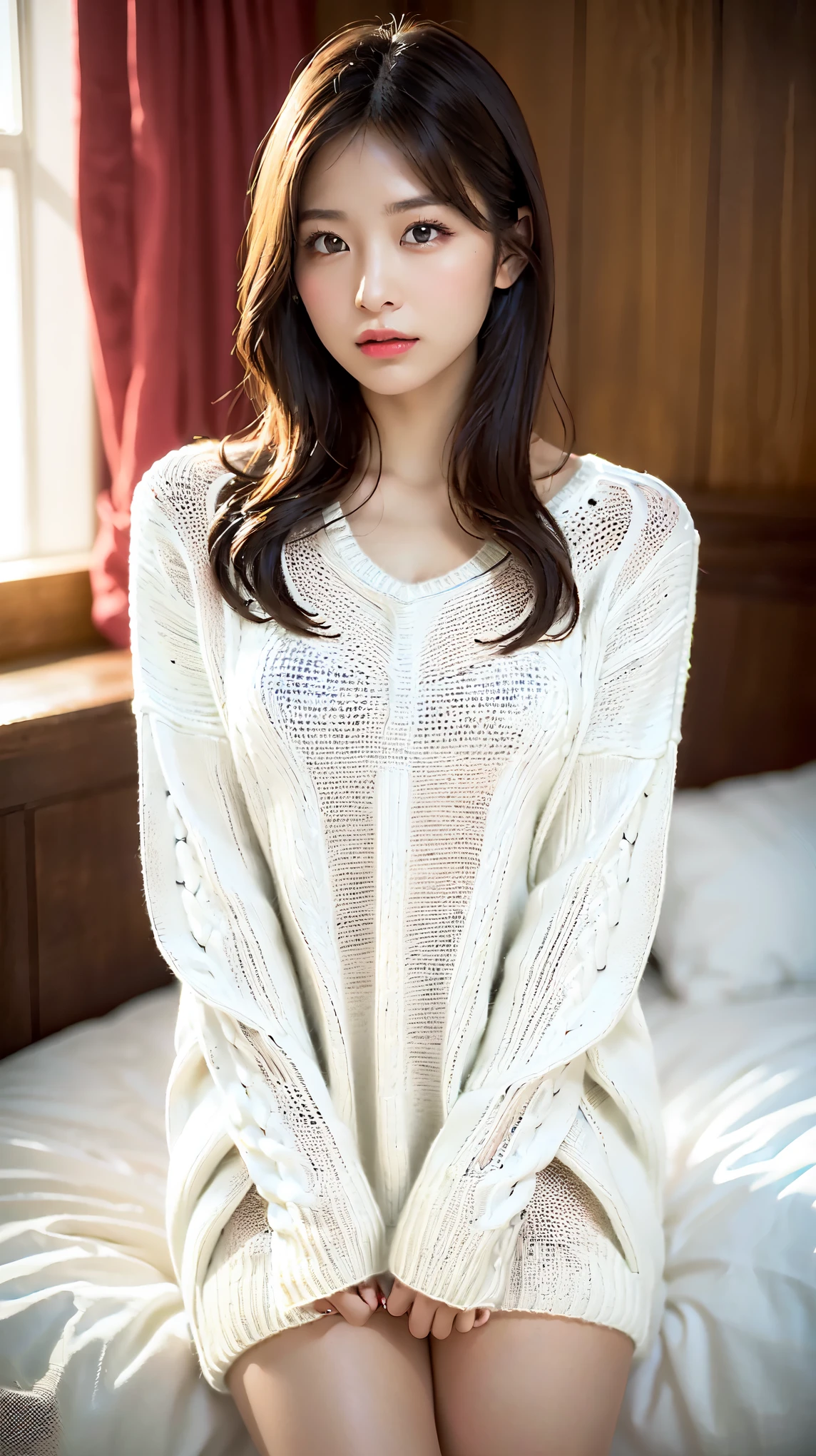 ((Wearing a white virgin-killing sweater:1.5))、A beautiful and attractive 25-year-old Japanese woman, Perfect proportions, Big Breasts, valley,  ((Brown eyes, Beautiful eyelashes, Realistic eyes)), ((Detailed face, Blushing:1.2)),Long black hair, Lying in bed、Official Art，Highly detailed CG Unity 8k wallpaper, (masterpiece:1.0),(highest quality:1.0), photo shoot, 8k, Browsing Caution, High resolution, Kodak Portrait 400, Film Grain, Lens flare brilliance,View Audience