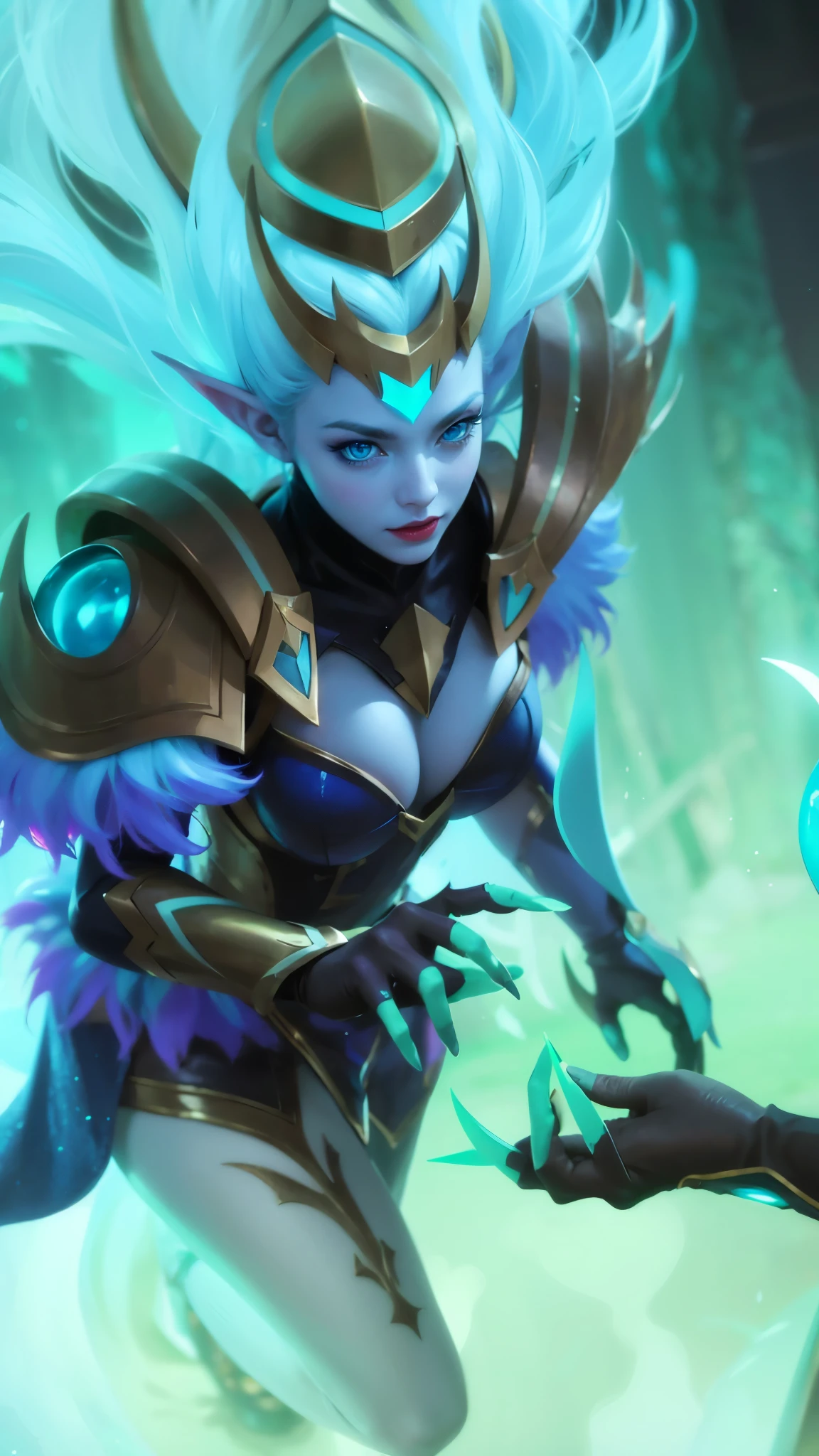 (female:1.2), 8k, ultra hd, ultra detailed texture, hyper realistic, masterpiece, detailed texture, detailed face, detailed skin, detailed lighting, (photorealistic:1.5), best quality, beautiful lighting, cinematic lighting, professional lighting, ultra highres, realistic, detailed hair, real hair, high quality, (realskin:1.5), extremely detailed, finely detail, ultra-detailed, 1girl, solo, elf, pointy ears, standing, demon horns, forehead protector, (blue eyes:1.5), v-shapped eyebrow, lips, red lips, evil smile, nose, make up, pretty, beautiful, long hair, blue hair, high ponytail, large breasts, cleavage, armpit, navel, stomach, black armor, pauldrons, bare shoulders, shoulder armor, thigh high, sleevless, detached sleeves, breastplate, gauntlets, karina \(mobile legends\), depth of field, looking aways, white skin, skin tight, amazing pose, outdoors, glowing, dark view