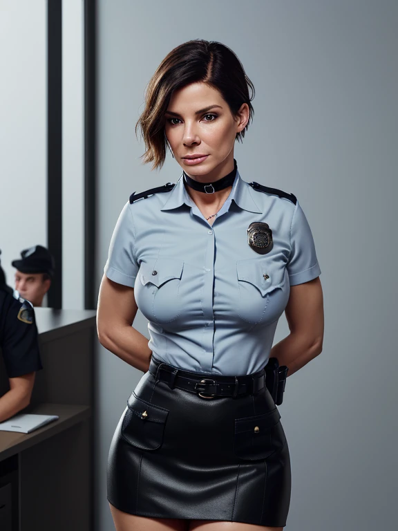 Sandra Bullock, 35 years old, ((1 girl)), short bob hair, brown eyes, lively eyes, beautiful, blushing, seductive, natural makeup, sexy lips, perfect jawline, ((very large breasts)), big hips, slim, thigh gap, thick thighs, perfect hands, fair skin, confident, ((black choker)), police officer, (light blue police uniform with chest pockets), collared shirt, (chest pockets on both sides), name tag, police badge, (black pencil skirt), black police belt, black stockings, professional look, photorealistic, inside police station, detailed background, ultra realistic, professional, masterpiece