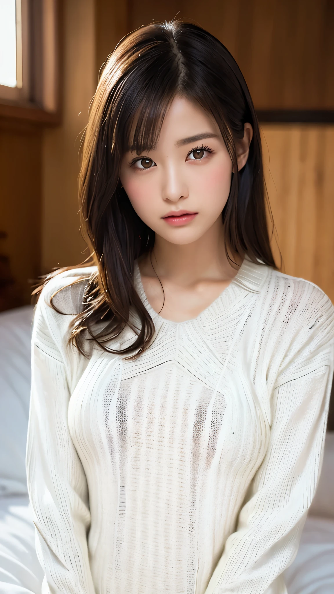((Wearing a white virgin-killing sweater:1.5))、A beautiful and attractive 25-year-old Japanese woman, Perfect proportions, Big Breasts, valley, ((Brown eyes, Beautiful eyelashes, Realistic eyes)), ((Detailed face, Blushing:1.2)),Long black hair, Lying in bed、Official Art,Highly detailed CG Unity 8k wallpaper, (masterpiece:1.0),(highest quality:1.0), photo shoot, 8k, Browsing Caution, High resolution, Kodak Portrait 400, Film Grain, Lens flare brilliance,View Audience