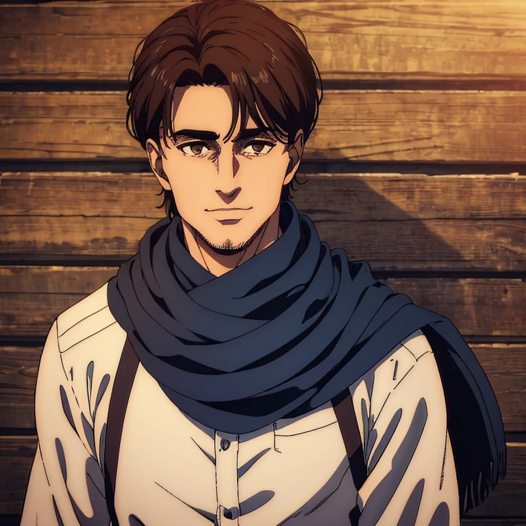 (best quality,4k,,masterpiece:1.2),ultra-detailed,realistic,photorealistic:1.37, 40 year old male character,brown eyes,black medium frenzy hair,blue scarf,sharp jawline, he is handsome, he is smiling, he is well built, behind him a small cabin,