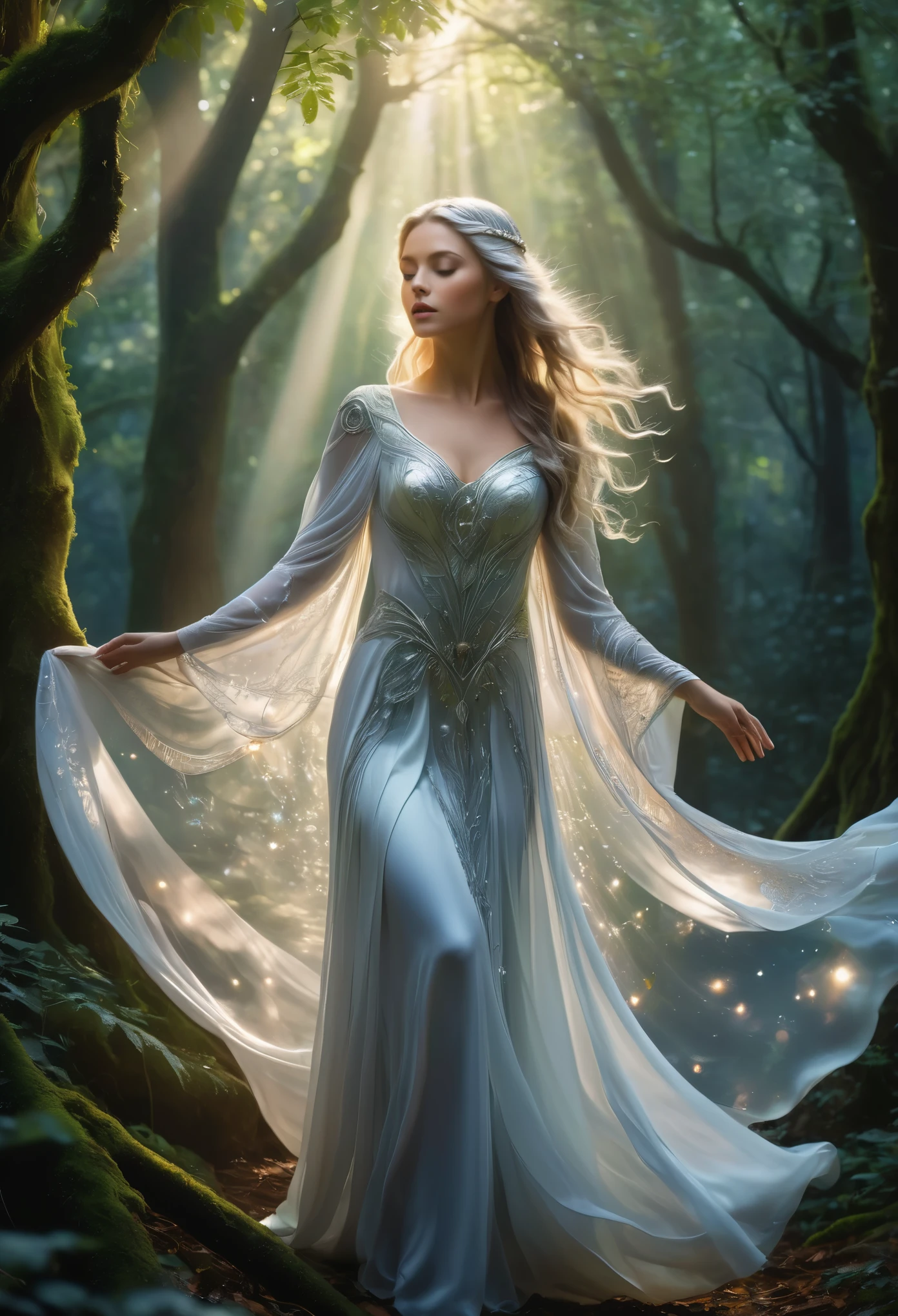 (best quality,4k,8k,highres,masterpiece:1.2), ultra-detailed, (realistic,photorealistic,photo-realistic:1.37), In the heart of an enchanted forest, bathed in the soft glow of moonlight filtering through the canopy above, stands a figure of ethereal beauty. She is an elven enchantress, her long silver hair cascading in shimmering waves around her slender form like strands of moonlight woven into silk. (Her eyes, a mesmerizing blend of iridescent hues, shimmer with an otherworldly light, reflecting the myriad colors of the forest around her:1.5). They are windows to a soul as ancient as the trees themselves, filled with wisdom and mystery far beyond her tender years. Clad in robes of flowing white adorned with intricate patterns of silver thread, she moves with a grace that is both elegant and effortless. Each movement is a dance, a fluid motion that seems to ripple through the air like water flowing over smooth stones. As she raises her delicate hands to the sky, the air around her crackles with magical energy, the very essence of the forest responding to her call. Words of power spill from her lips like liquid silver, ancient incantations that echo through the stillness of the night with a haunting melody. With each word, tendrils of magical energy begin to swirl around her, weaving together in a shimmering vortex of light and shadow. Shapes begin to form within the swirling maelstrom, phantom creatures born of pure magic dancing to the rhythm of her voice. And as she reaches the climax of her incantation, her voice rises to a crescendo, filling the forest with a symphony of power and wonder. With a final flourish of her hands, she releases the spell, the magical energies coalescing into a radiant burst of light that illuminates the darkness like a thousand stars.(art by Amano Yoshitaka:1.3)
