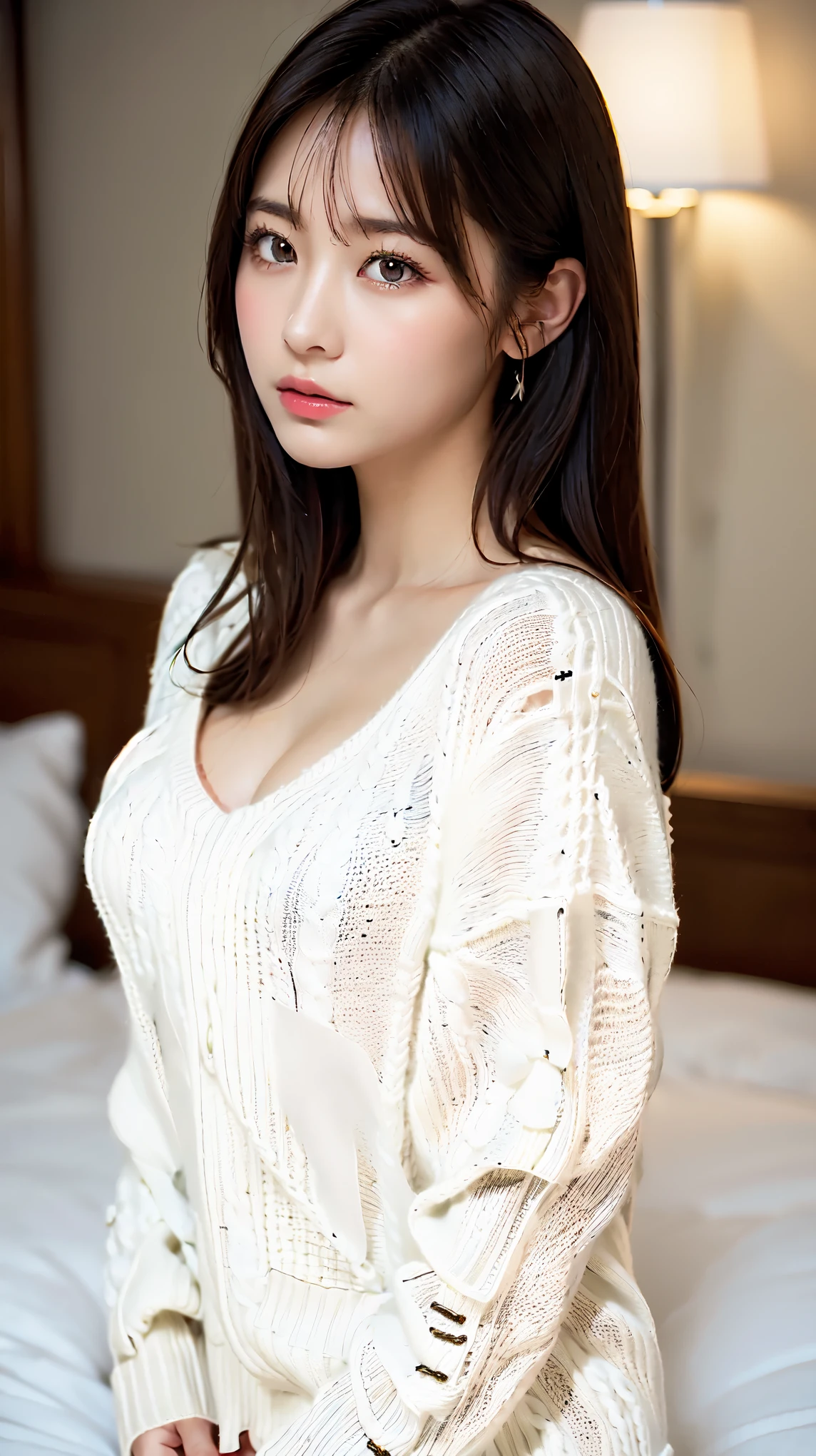 ((Wearing a white virgin-killing sweater:1.5))、A beautiful and attractive 25-year-old Japanese woman, Perfect proportions, Big Breasts, valley,  ((Brown eyes, Beautiful eyelashes, Realistic eyes)), ((Detailed face, Blushing:1.2)),Long black hair, Lying in bed、Official Art，Highly detailed CG Unity 8k wallpaper, (masterpiece:1.0),(highest quality:1.0), photo shoot, 8k, Browsing Caution, High resolution, Kodak Portrait 400, Film Grain, Lens flare brilliance,View Audience