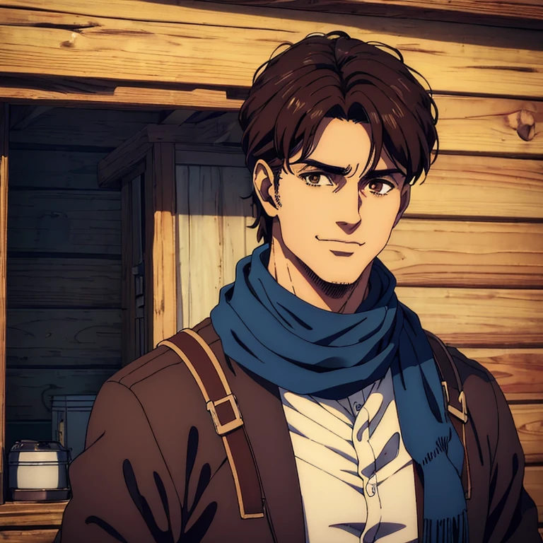 (best quality,4k,,masterpiece:1.2),ultra-detailed,realistic,photorealistic:1.37, 40 year old male character,brown eyes,black medium frenzy hair,blue scarf,sharp jawline, he is handsome, he is smiling, he is well built, behind him a small cabin,