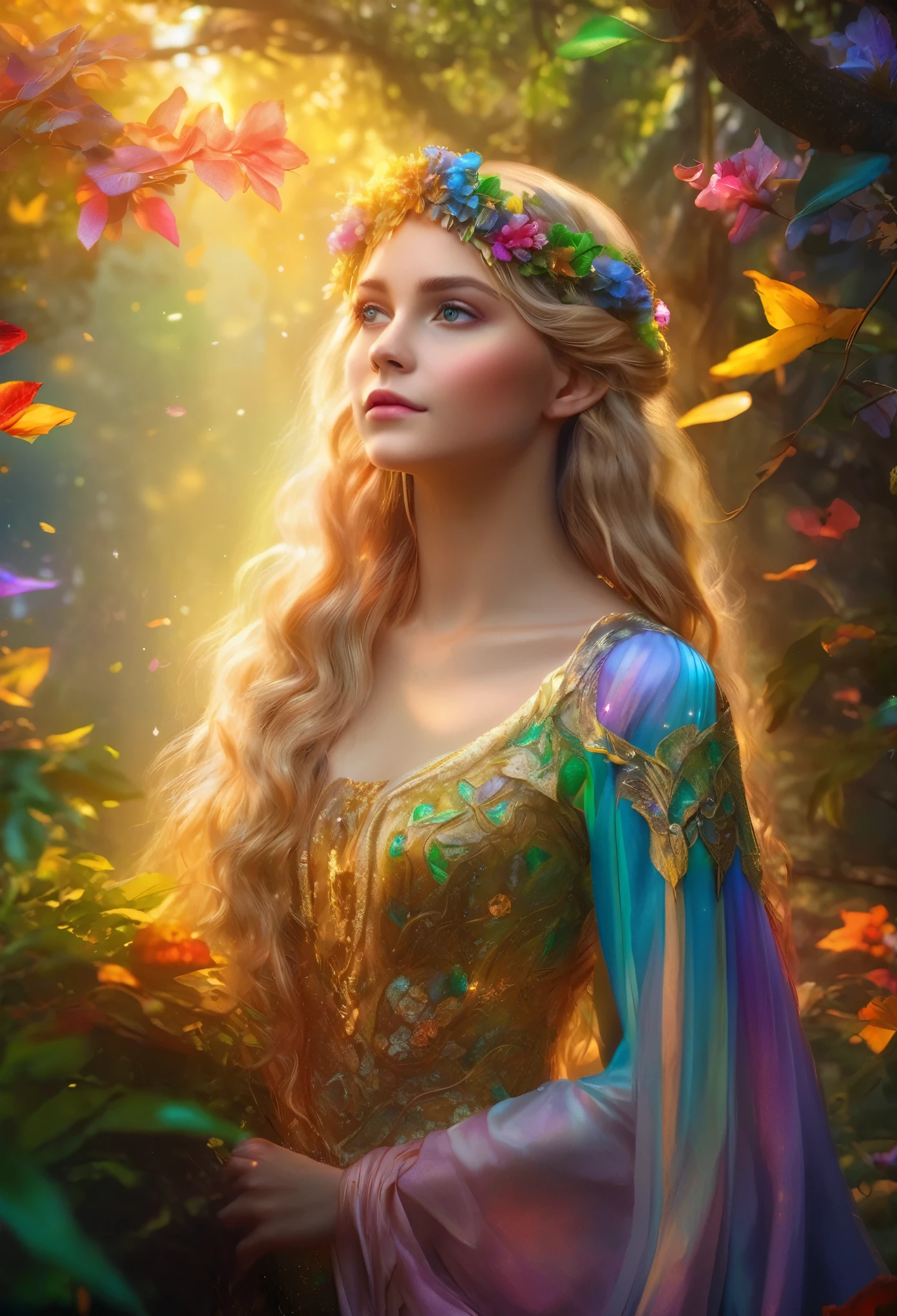 (best quality,4k,8k,highres,masterpiece:1.2),ultra-detailed,(realistic,photorealistic,photo-realistic:1.37),fantasy,elf,beautiful girl,14 years old,close-up of face,golden hair,eyes shining in rainbow colors,illustration,detailed features,ethereal atmosphere,soft lighting,enchanted forest,flowing gown,graceful stance,vibrant colors