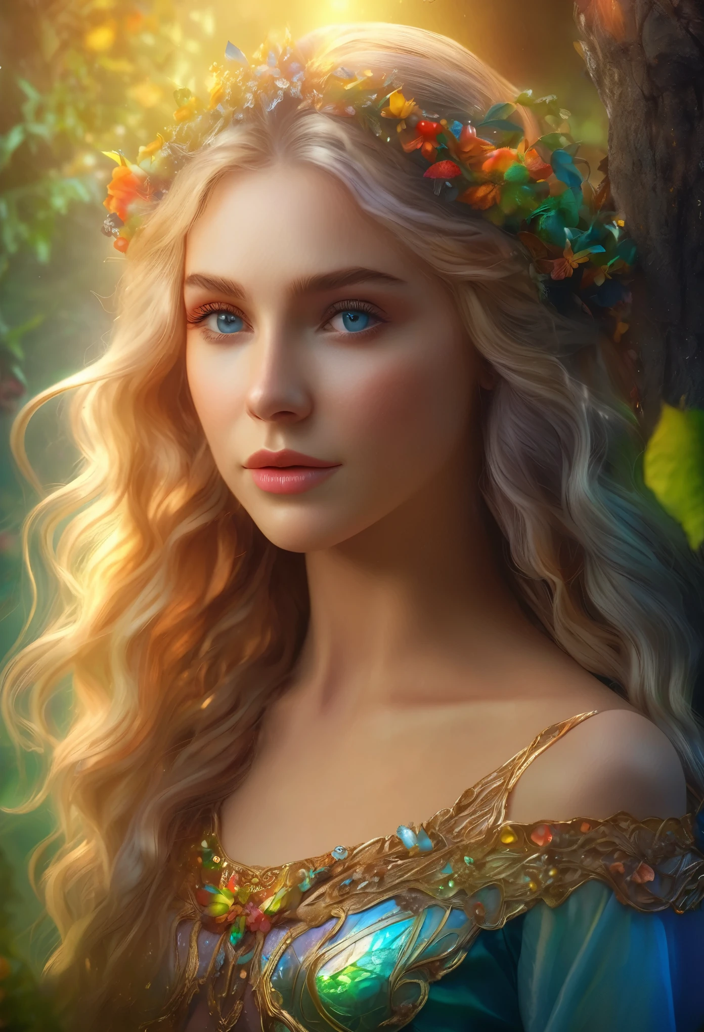 (best quality,4k,8k,highres,masterpiece:1.2),ultra-detailed,(realistic,photorealistic,photo-realistic:1.37),fantasy,elf,beautiful girl,14 years old,close-up of face,golden hair,eyes shining in rainbow colors,illustration,detailed features,ethereal atmosphere,soft lighting,enchanted forest,flowing gown,graceful stance,vibrant colors