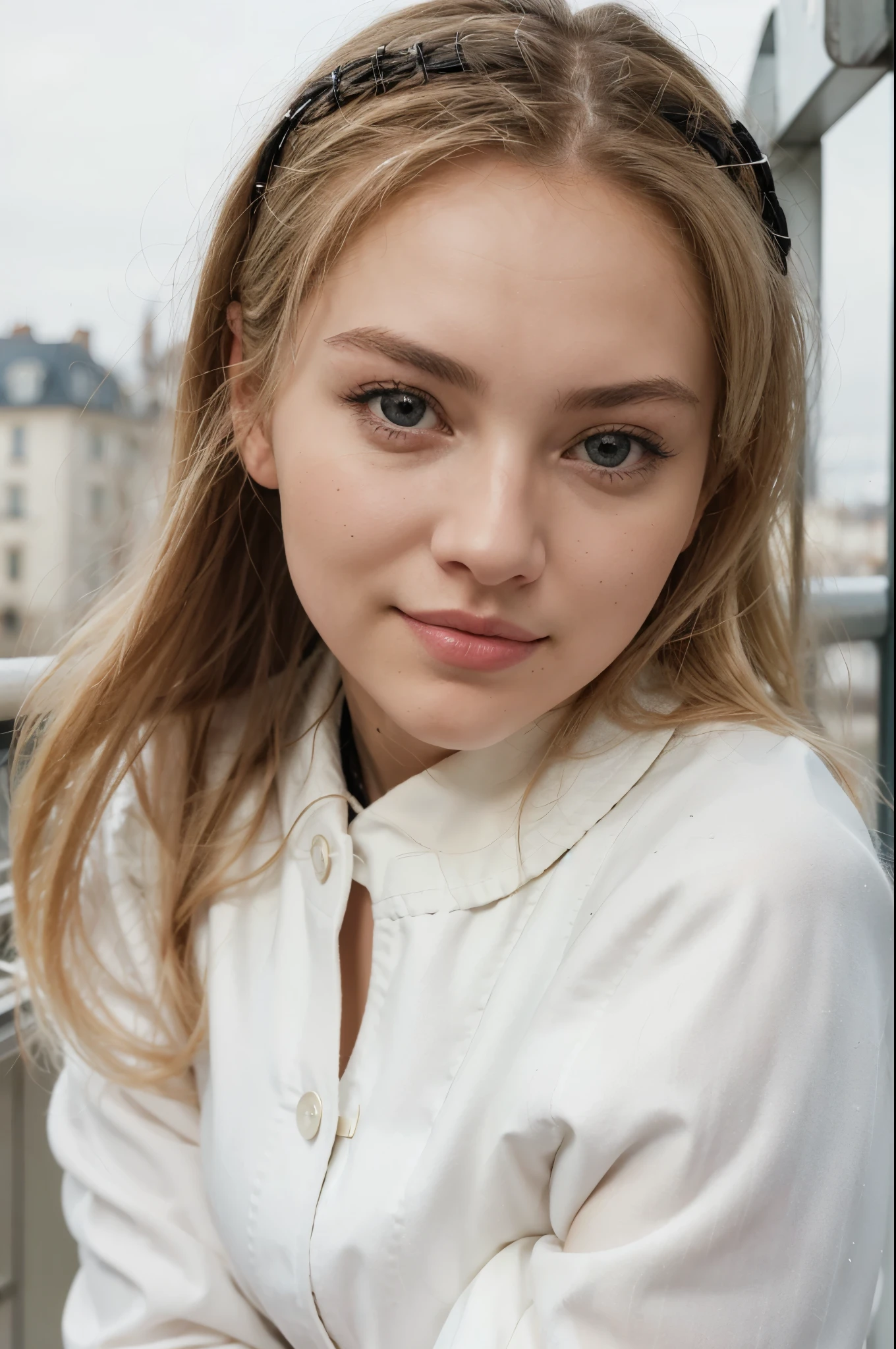 Frau, blond, deutsch, 20 Jahre, blasse Haut und Sommersprossen, graue Augen, zarte Nase, weiche und zarte Lippen, sweet smile, Face with delicate feminine features, hoch gerendert, front view, lolita, white coat and black tights posing on a railing in Paris