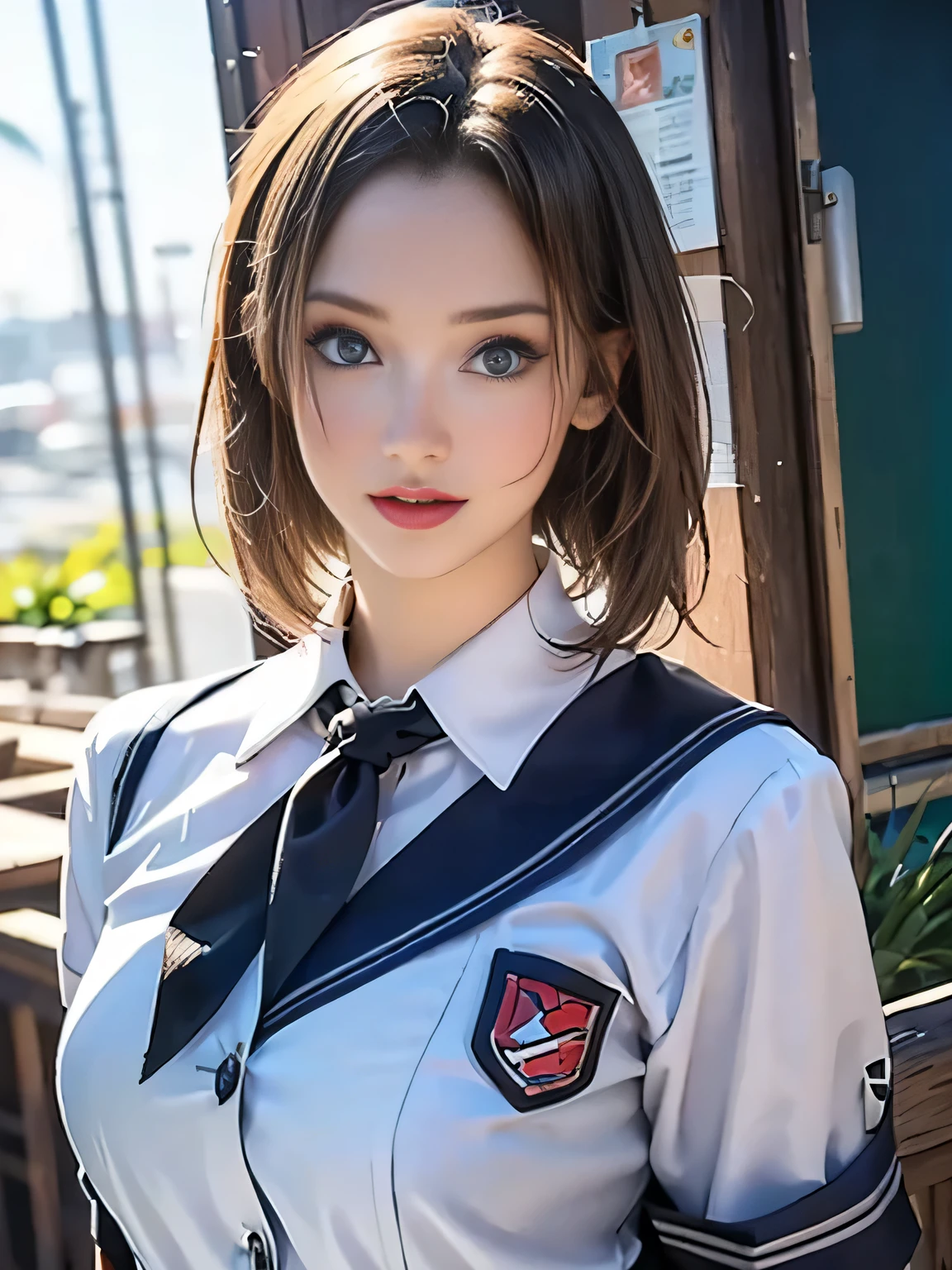 (best quality, 8k, photorealistic:1.5), (solo, one girl:1.5),(shine a bright light on women),(ultimate beautiful girl),(shiny skin),(oily skin),(blonde hair:1.3),(short hairstyle:1.3),(cool beauty),Blush brown makeup , dark eye makeup , use pink glossy lipstick,(big beady eyes girl:1.5),(droopy eyes girl:1.5),(blue eyes:1.5),(thin girl:1.5),( girl:1.5),(sex appeal),(sweet smelling girl),(she works for low wages),(kind-hearted woman),(she has a nice smile),(woman with a happy look),(she is very sociable),(from a very poor family),(virgin girl),(She is a secret pervert.),(she covertly lewd),(she looks so erotic),chuuChloe,(woman with very soft breasts),(woman fantasizing about sex),(allurement),(impressive eyes:1.5),(clean girl),(affability),(cute smile),(good personality),(serious personality),(wants sex),(want to masturbate),(want to have sex forcibly),(relaxing time),(hair ornaments),(compassion),(impurity),(love filled),(get horny),(No love experience),(private room),(teenager),(school uniform costume play:1.5)