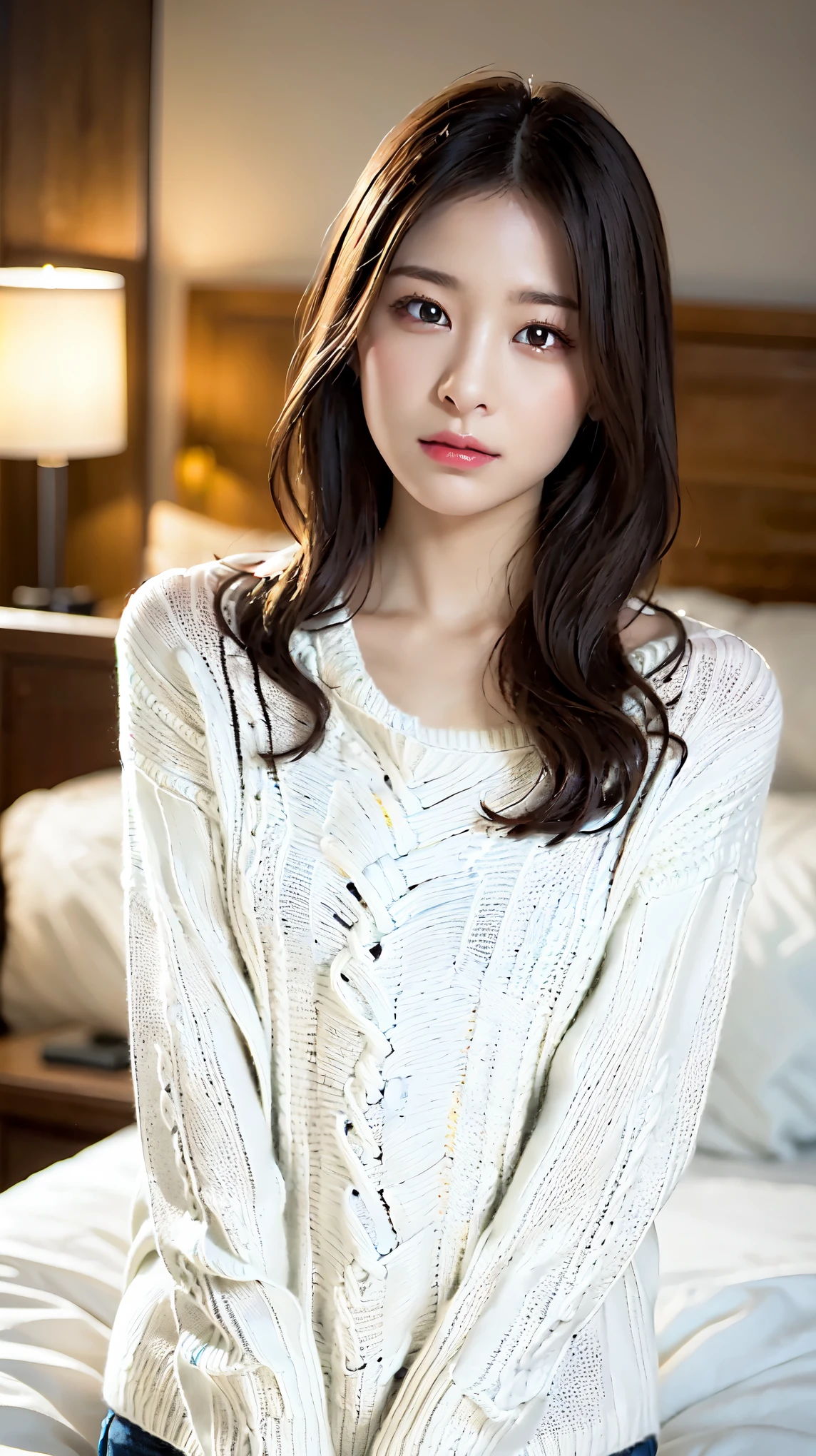 ((Wearing a white virgin-killing sweater:1.5))、A beautiful and attractive 25-year-old Japanese woman、Perfect Proportions、Detailed face, Detailed eyes, Long black hair, Lying in bed、Official Art，Highly detailed CG Unity 8k wallpaper, (masterpiece:1.0),(highest quality:1.0), photo shoot, 8k, Browsing Caution, High resolution, Kodak Portrait 400, Film Grain, Lens flare brilliance,View Audience