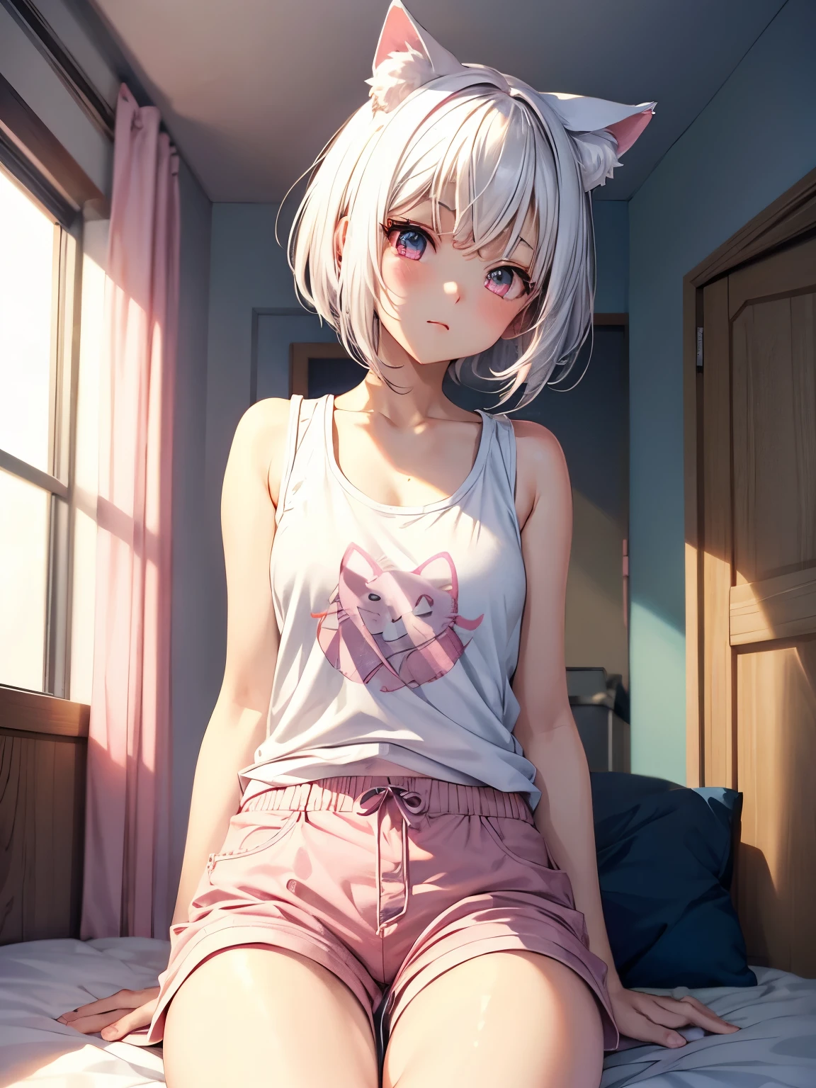 White hair. Short hair. anime girl. Pink eyes. Nekomimi. Pink tanktop. Short pants. 1girl. Bedroom.