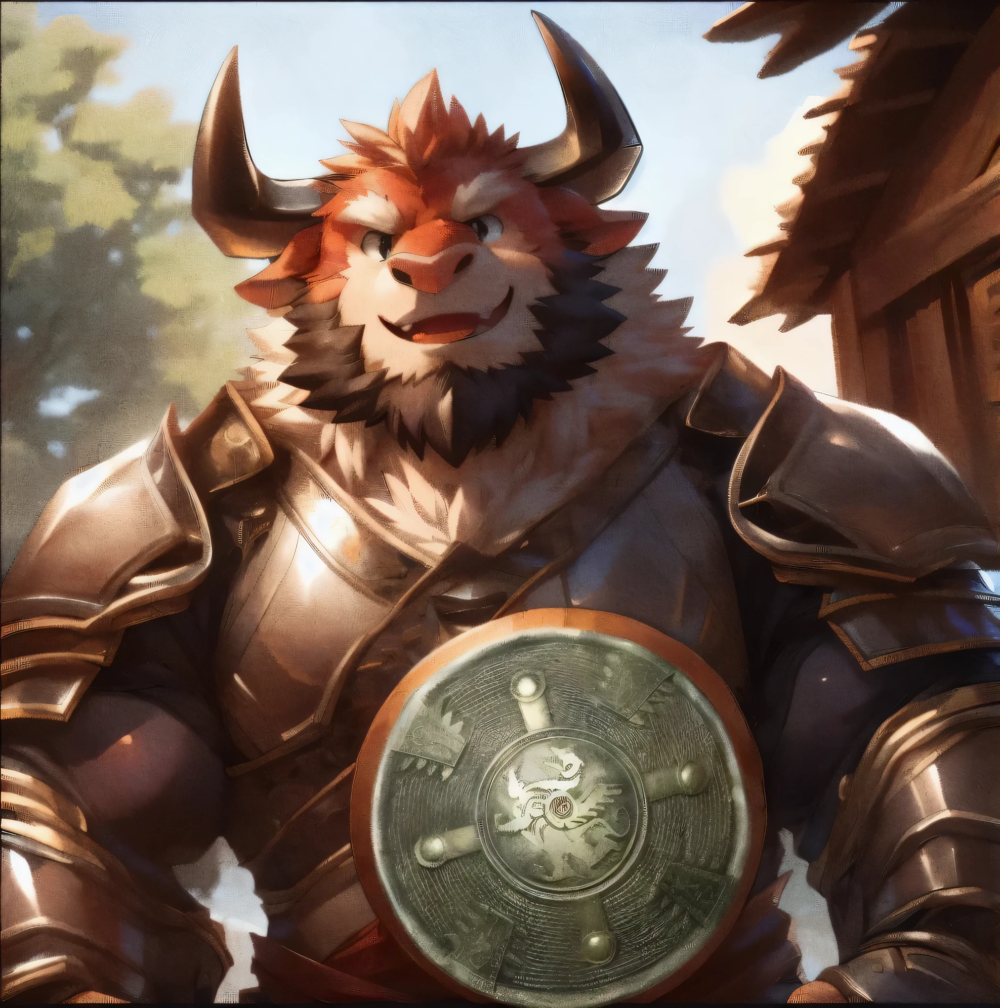 Lanok, Solitary, (Soft shadows), 4K, Empty, detailed face, detailed eyes, detailed, ((whole body)), By Zachary911, From zaush, (Through dating:0.5), wearing clothes, detailed fluffy fur, (By Ruadri, Michael & Inessa Garmash, Ruan Jia, Pino Deheny), Impressionist mixture, detailed face, (short hair), detailed face, detailed eyes, Smile, charming, (Solitary), cape, armor, (Green Eyes), muscular, shoulder armor, Sword in the back,