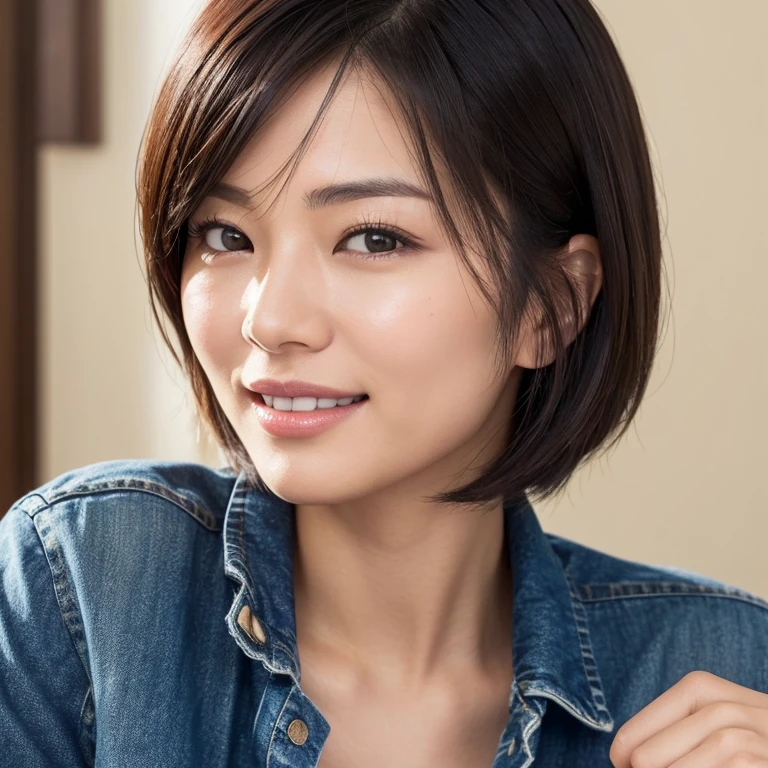 A beautiful Japanese woman in her thirties with short hair, wearing a dark blue long-sleeved cotton shirt and jeans pants, turned towards me, smiled and gave a fist pump in an encouraging manner. Focal length 100mmf/2.8, spring evening, sunny, living room on the upper floor of a high-rise apartment, well-shaped face, toned body, moisturized skin, close-up of eyes, realism, 8K image quality, highest quality.