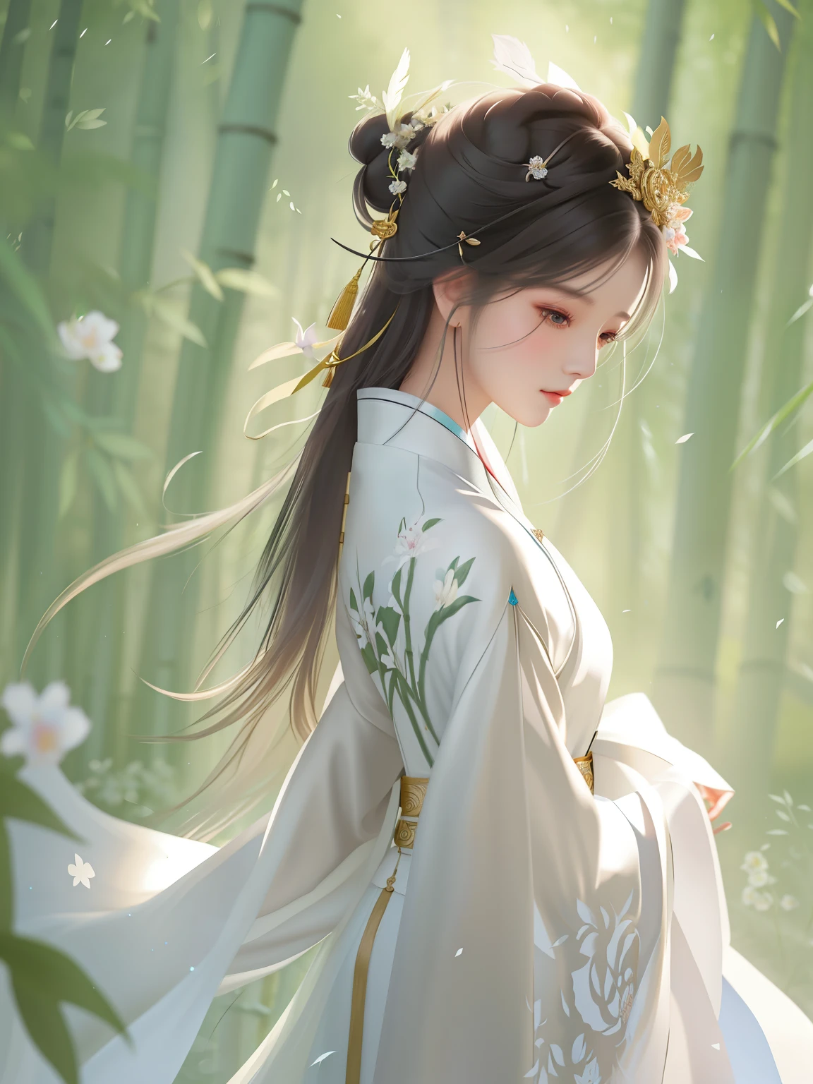 Arav woman in white dress standing in bamboo forest, Beautiful character painting, palace , Girl wearing Hanfu, guweiz, A beautiful artistic illustration, Beautiful digital art work, Artwork in the style of Guweiz, by Yu Zhiding, by Zhou Wenjing, author:Zhang Han, author:Li Song, author:Yang Jie, Beautiful digital illustrations