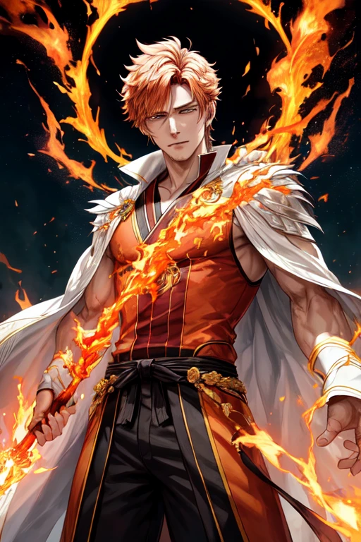 Tall boy, serious look with golden eyes, with oriental clothes, scales around arms or head or neck, red hair like flames of fire, evil character air