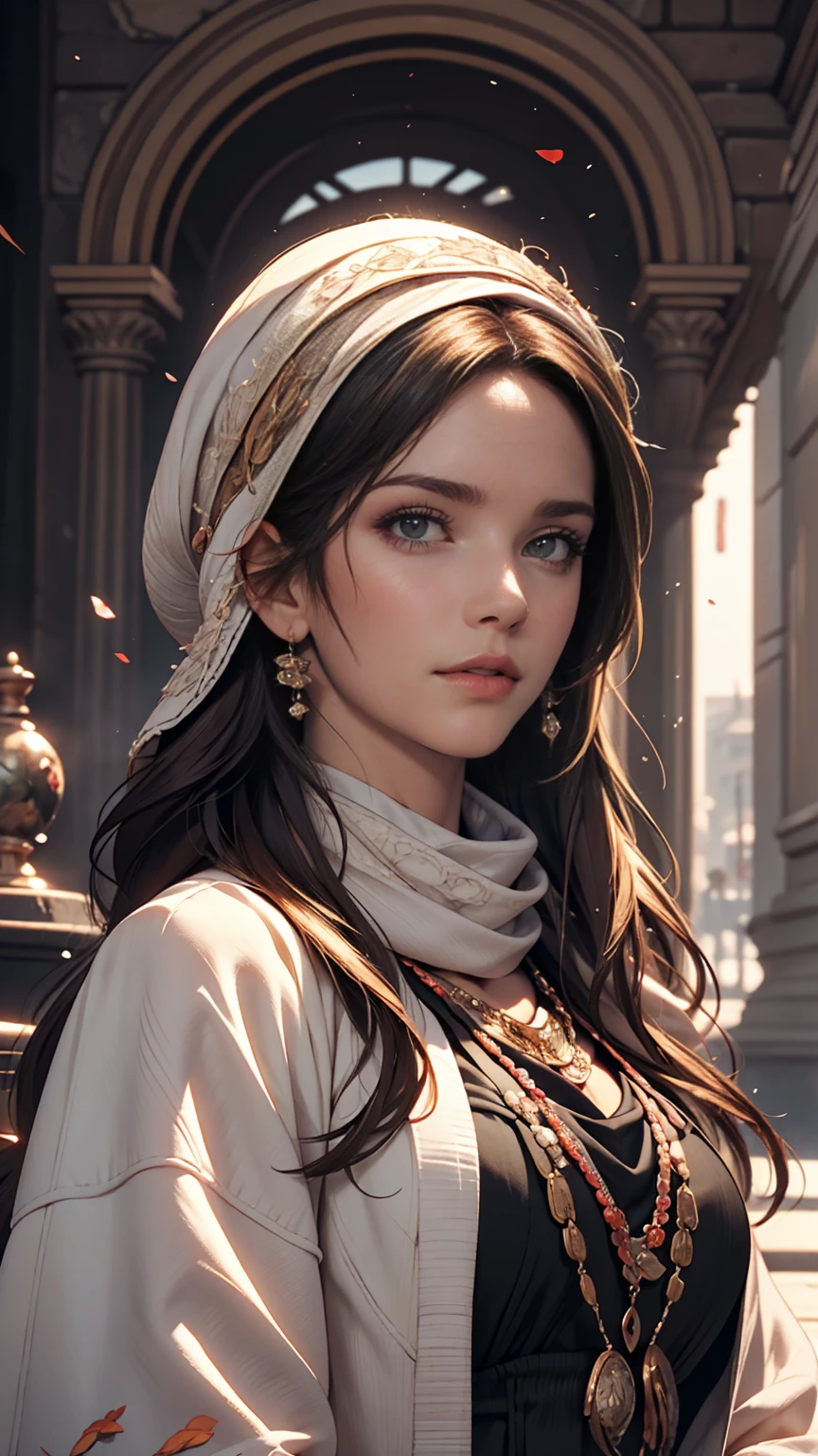 Arabian woman with long hair wearing hat and scarf, Realistic Digital Art 4K, Realistic Digital Art 4K, Soft Portrait Shot 8k, photoRealistic art style, photoRealistic beautiful face, Cinematic realistic portraits, Beautiful digital art, Realistic beautiful face, Realistic art style, 3d rendering character art 8k, Beautiful realistic face, Amazingly realistic graphics