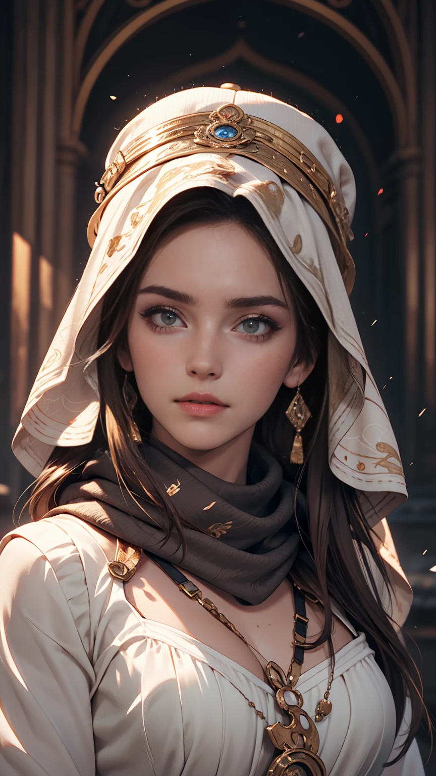 Arabian woman with long hair wearing hat and scarf, Realistic Digital Art 4K, Realistic Digital Art 4K, Soft Portrait Shot 8k, photoRealistic art style, photoRealistic beautiful face, Cinematic realistic portraits, Beautiful digital art, Realistic beautiful face, Realistic art style, 3d rendering character art 8k, Beautiful realistic face, Amazingly realistic graphics
