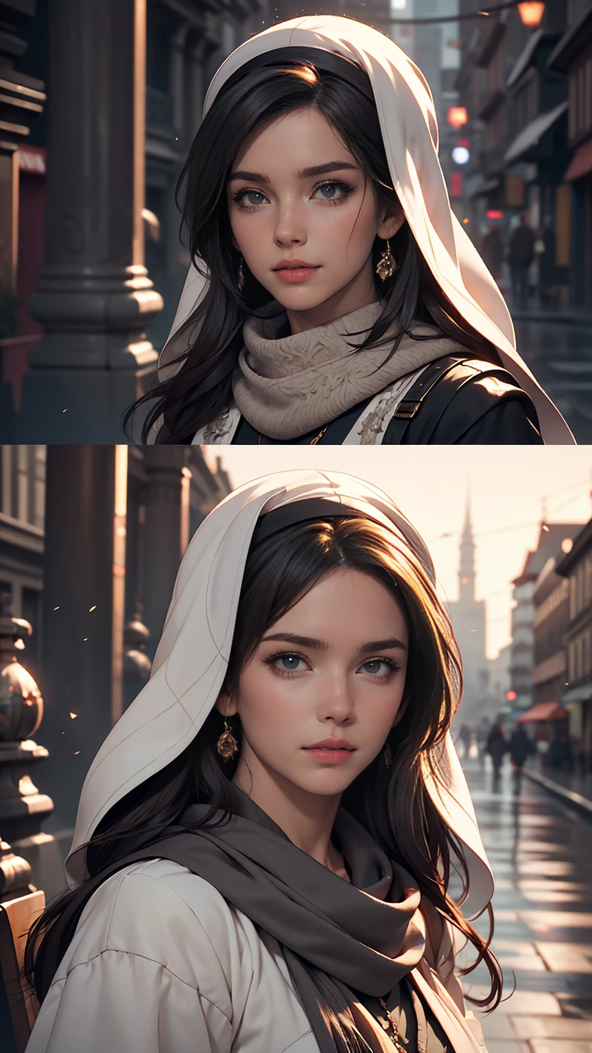 Arabian woman with long hair wearing hat and scarf, Realistic Digital Art 4K, Realistic Digital Art 4K, Soft Portrait Shot 8k, photoRealistic art style, photoRealistic beautiful face, Cinematic realistic portraits, Beautiful digital art, Realistic beautiful face, Realistic art style, 3d rendering character art 8k, Beautiful realistic face, Amazingly realistic graphics