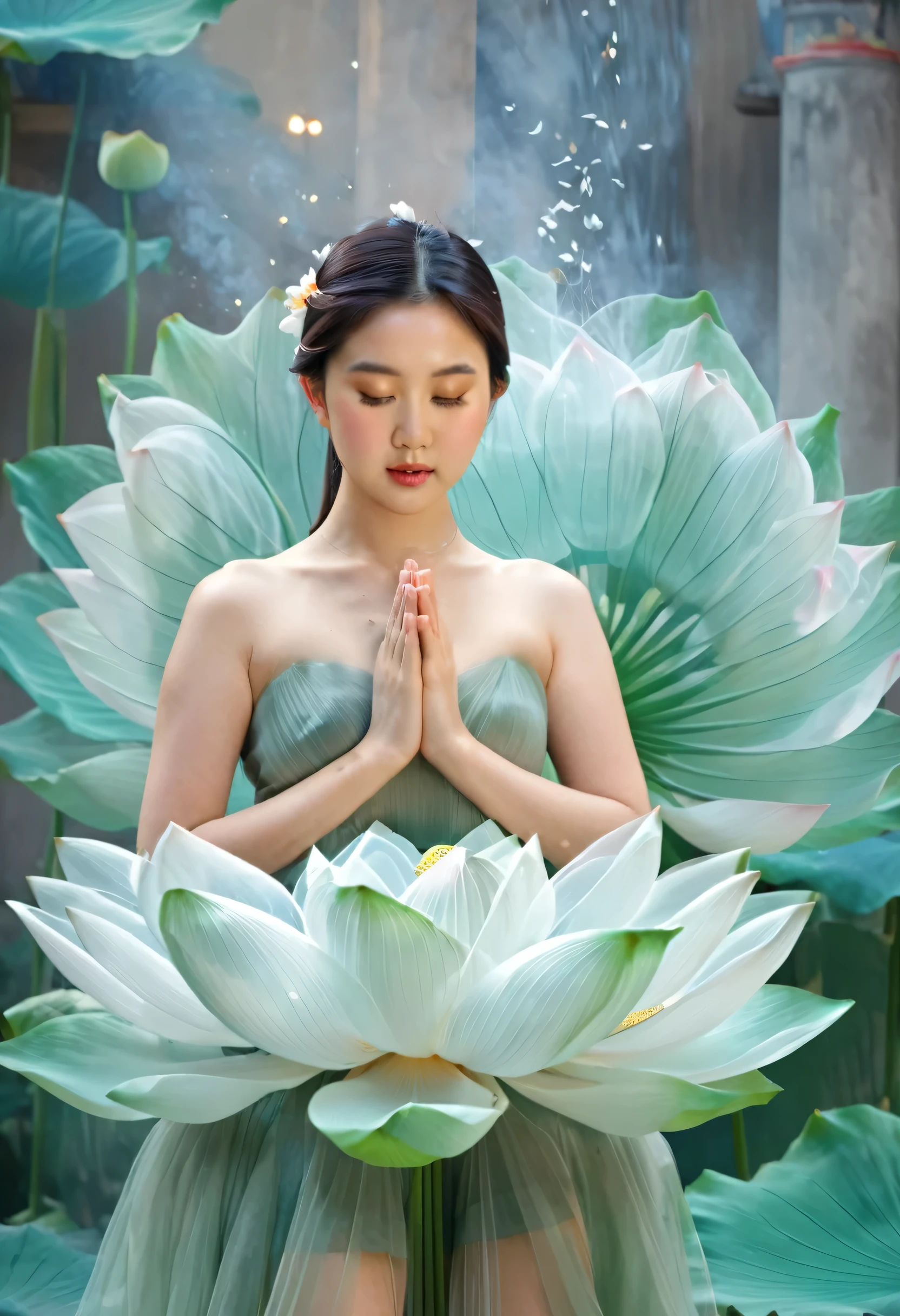 Close-up hyper-realistic raw photo of a beautiful chubby asia girl, posing (praying and standing) with The hyper-giant lotus with huge and long petals (petal made of a thin and soft tulle fabric, flowy petals fully background, floating petals, hyper-flying petals, smoke effect mix with petal), lotus dress.