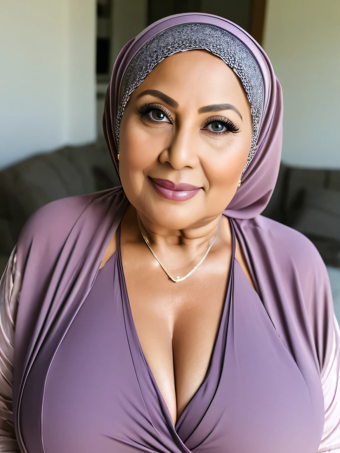 (Realistic) (real mature face) 68 Years old fat Brunei mature woman, sexy curvy, (sexy chubby body shape), wearing Wide Hijab, natural makeup, showing natural saggy breast : 96.9, (her cleavage was exposed), gorgeous eyes, Soft smile,