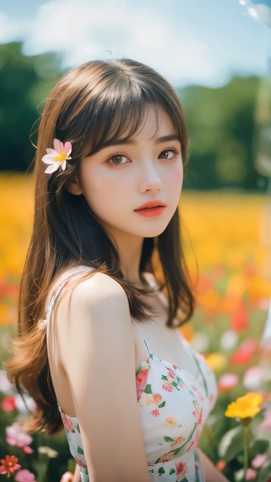 (best quality,masterpiece:1.2,Ultra-high resolution,Upper Body,Practical,beautiful girl,Girl in the flower field,Delicate eyes,meticulously made,Pale skin,Bokeh)