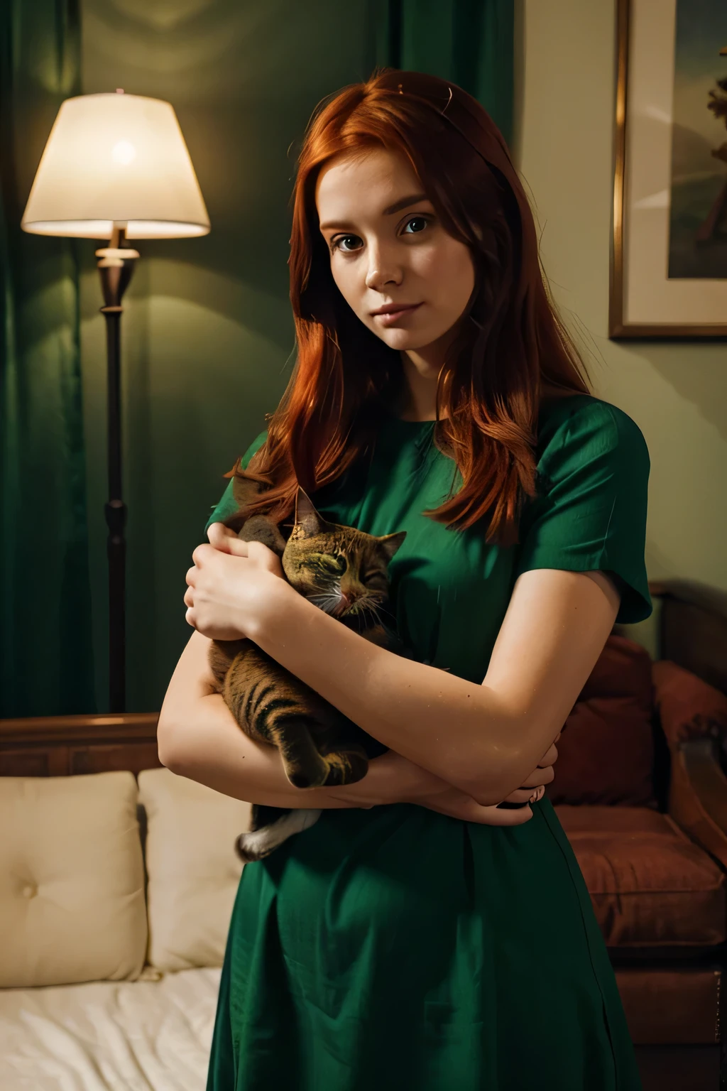 girl with red hair, in a luxurious green dress, holding a cat in his arms