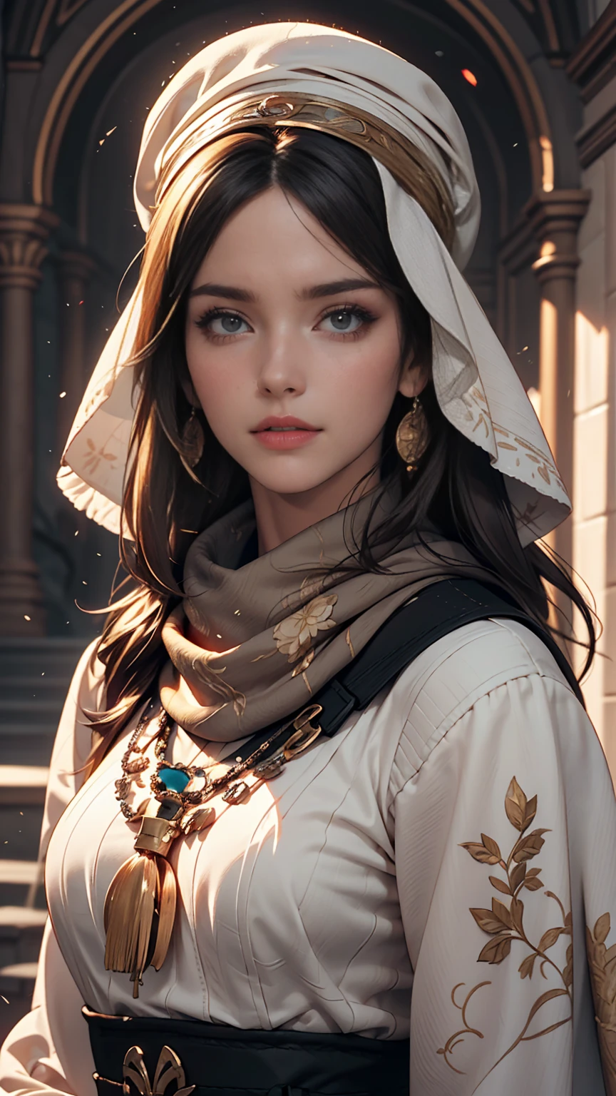 Arabian woman with long hair wearing hat and scarf, Realistic Digital Art 4K, Realistic Digital Art 4K, Soft Portrait Shot 8k, photoRealistic art style, photoRealistic beautiful face, Cinematic realistic portraits, Beautiful digital art, Realistic beautiful face, Realistic art style, 3d rendering character art 8k, Beautiful realistic face, Amazingly realistic graphics
