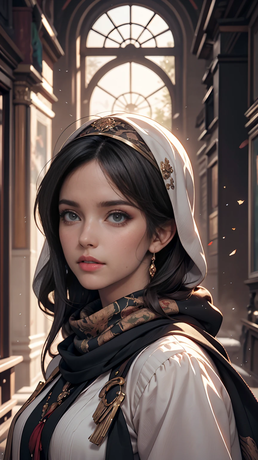 Arabian woman with long hair wearing hat and scarf, Realistic Digital Art 4K, Realistic Digital Art 4K, Soft Portrait Shot 8k, photoRealistic art style, photoRealistic beautiful face, Cinematic realistic portraits, Beautiful digital art, Realistic beautiful face, Realistic art style, 3d rendering character art 8k, Beautiful realistic face, Amazingly realistic graphics