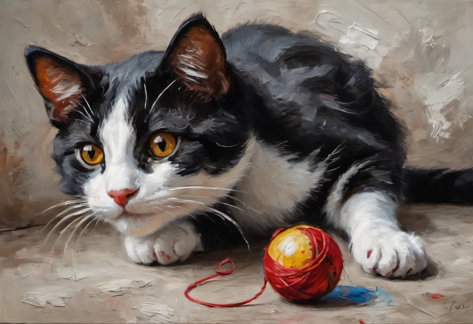 Oil painting on canvas, black-white-red spotted cat playing with a ball of thread, a combination of palette knife techniques and brushstrokes with streaks, blurred edges, focus on the cat