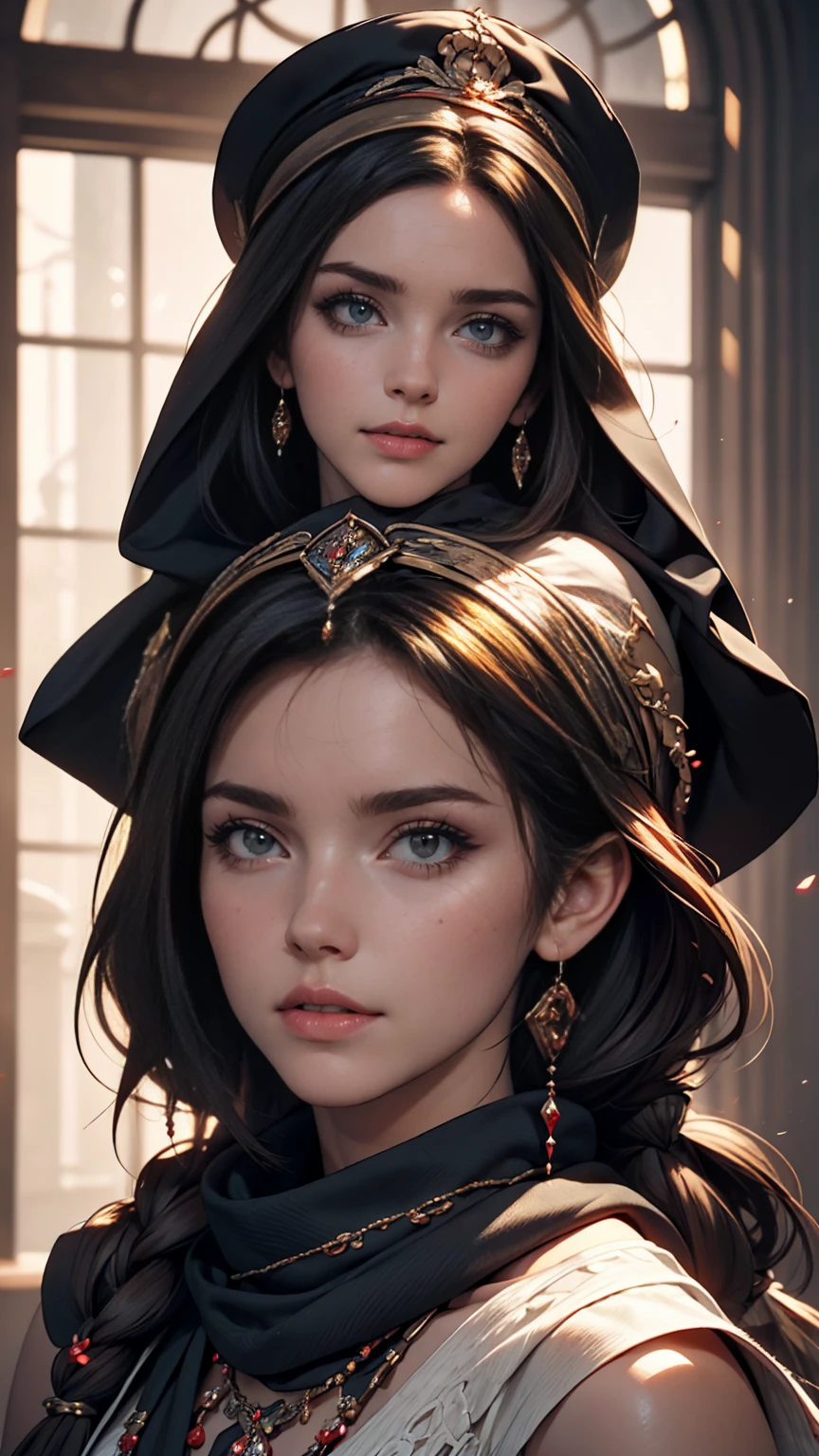 Arabian woman with long hair wearing hat and scarf, Realistic Digital Art 4K, Realistic Digital Art 4K, Soft Portrait Shot 8k, photoRealistic art style, photoRealistic beautiful face, Cinematic realistic portraits, Beautiful digital art, Realistic beautiful face, Realistic art style, 3d rendering character art 8k, Beautiful realistic face, Amazingly realistic graphics