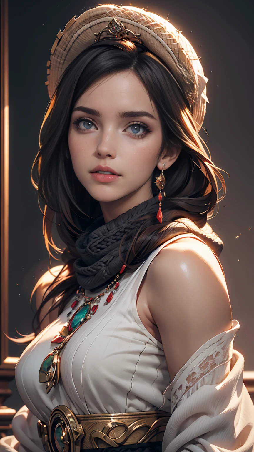 Arabian woman with long hair wearing hat and scarf, Realistic Digital Art 4K, Realistic Digital Art 4K, Soft Portrait Shot 8k, photoRealistic art style, photoRealistic beautiful face, Cinematic realistic portraits, Beautiful digital art, Realistic beautiful face, Realistic art style, 3d rendering character art 8k, Beautiful realistic face, Amazingly realistic graphics