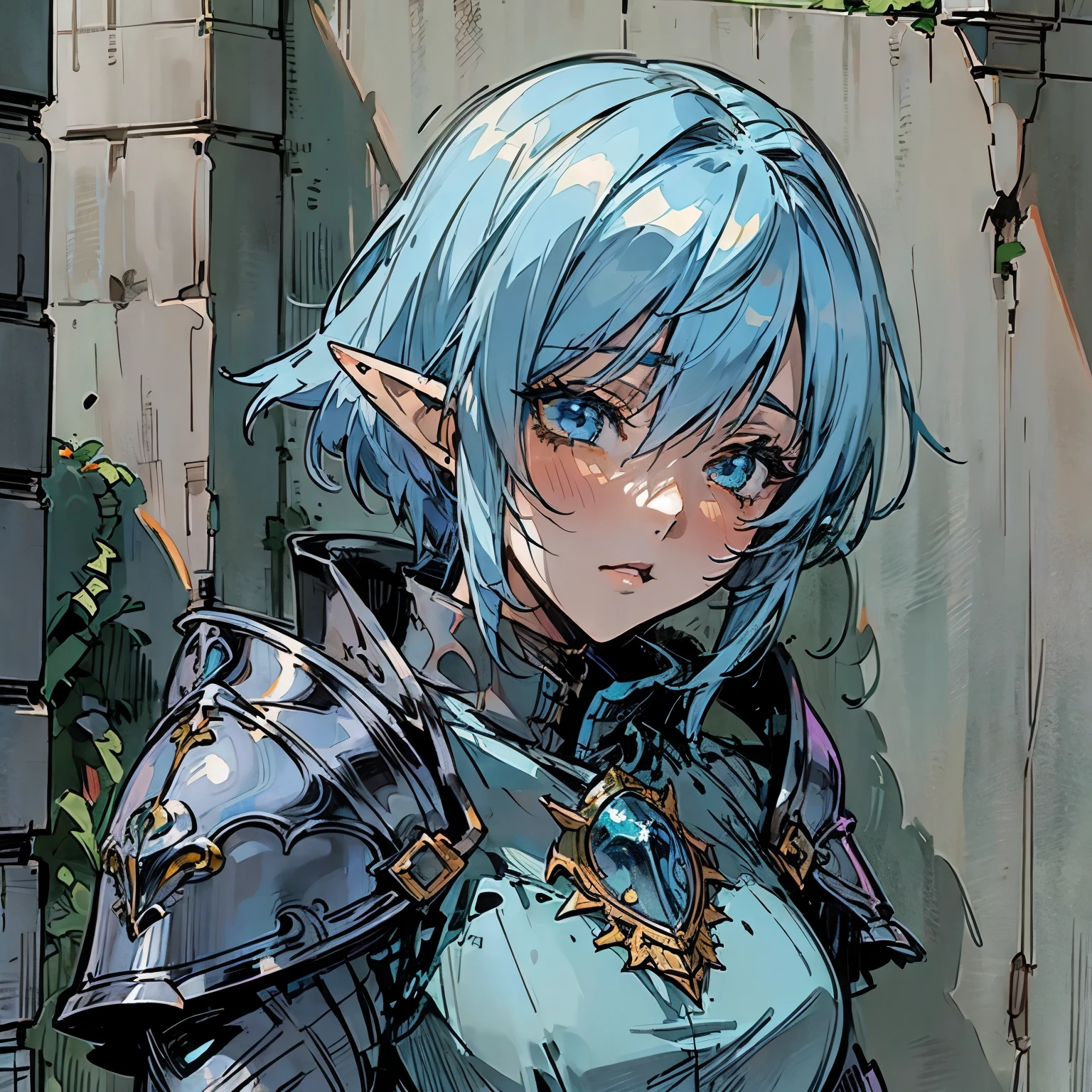 (Background: Town street) leaning against a wall, Cleddyf the elf knight, Female elf knight, wearing knight armor, kuudere, short light blue hair, short, neutral smile[Face close up, detailed face, attention to face, realistic anime], dark fantasy, medieval fantasy