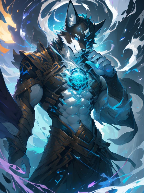 male, furry, Fox anthro, blue eyes, (Realistic eye details 1.2), abs, Perfect centralization, Fantastic Black-White beam, V0id3nergy, delight, Standing position, Abstract beauty, centre, Looking at the camera, Facing the camera, nearing perfection, Dynamic, highly  detailed, Liso, sharp focus, 8K, A high resolution, illustration, Art by Carne Griffiths and Wadim Kashin