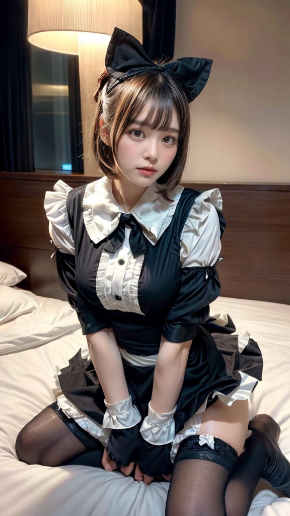 muste piece, best quality, illustration, Super detailed, fine details, High resolution, 8K,wall paper, perfect dynamic composition,(Details High quality, realistic depiction of eyes:1.3), (bow ribbon, Maid, knee high socks:1.3)、Look at viewers、blush、Kneeling、Facing up、ribbon bondage, short bob hair, black hair color, Big Natural Color Lip, bold sexy pose, (perfect body shape), crying a little、cold gaze, Harajuku style、25 year old girl、cute type、lolita、beautiful legs, hotel room, hposing Gravure Idol, Voluptuous thighs, (woman on top, straddling, sitting)