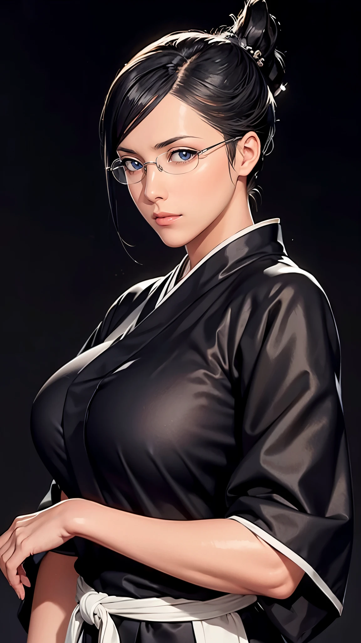 （（（完美figure，figure，solo，（（（black robes, sash, hakama skirt）））， （（（ise nanao, folded ponytail，glasses, ））），((masterpiece)),high resolution, ((Best quality at best))，masterpiece，quality，Best quality，（（（ Exquisite facial features，Looking at the audience,There is light in the eyes，(（（lol，confidence））)，））），型figure:1.7））），（（（Light and shadow，Huge breasts））），（（（Looking at the camera，black background，）））