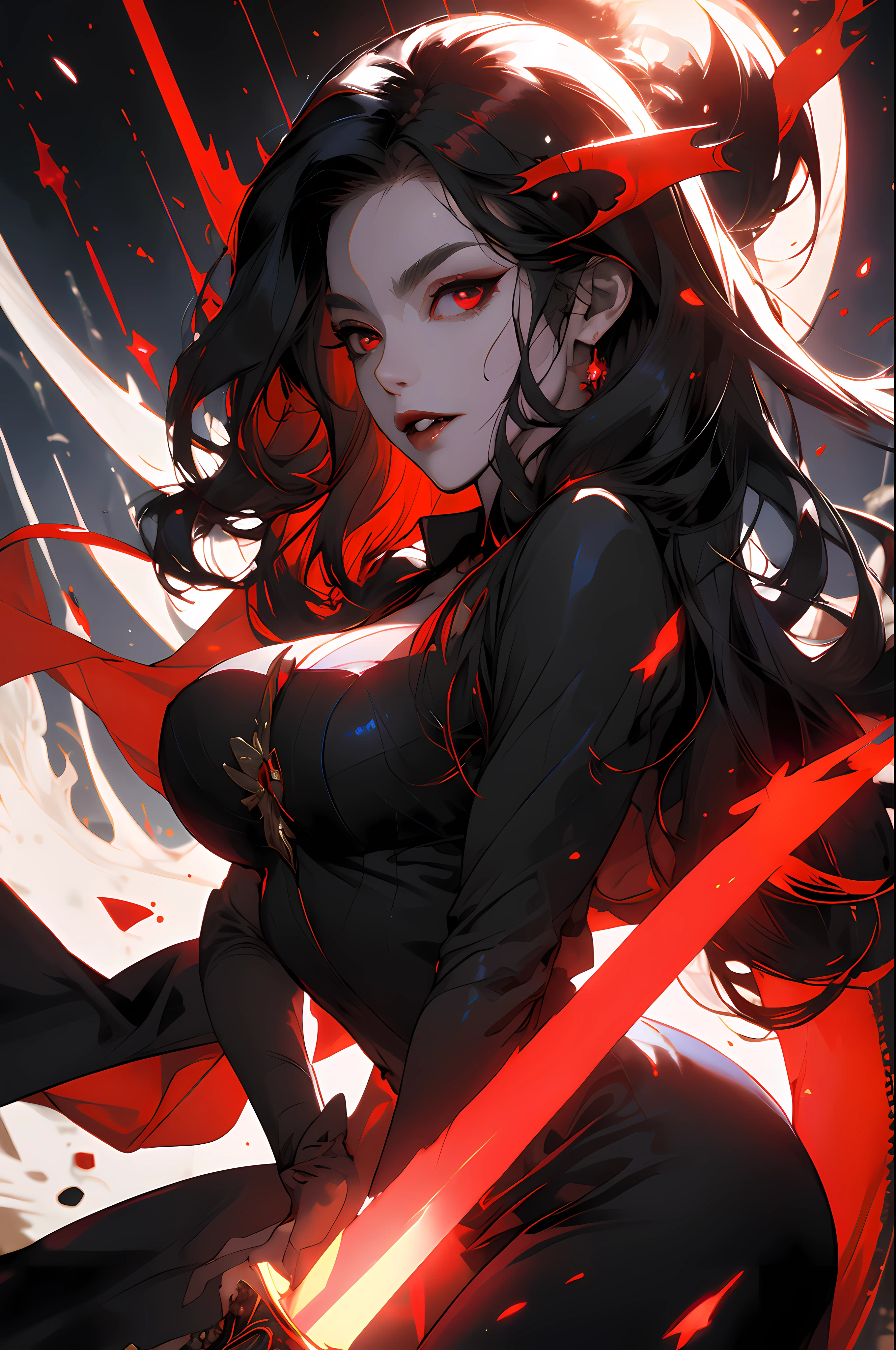 (Masterpiece, Best quality), 1lady, Solo, (White scales), (((Squamous bodies))), Black hair, Loose waves, Red eyes, (Vampire), Big breasts, Naked, royalti, Empress,Lens flare, Goddess, Magic sword in hand, Swords scattered everywhere, Out of the black hole,