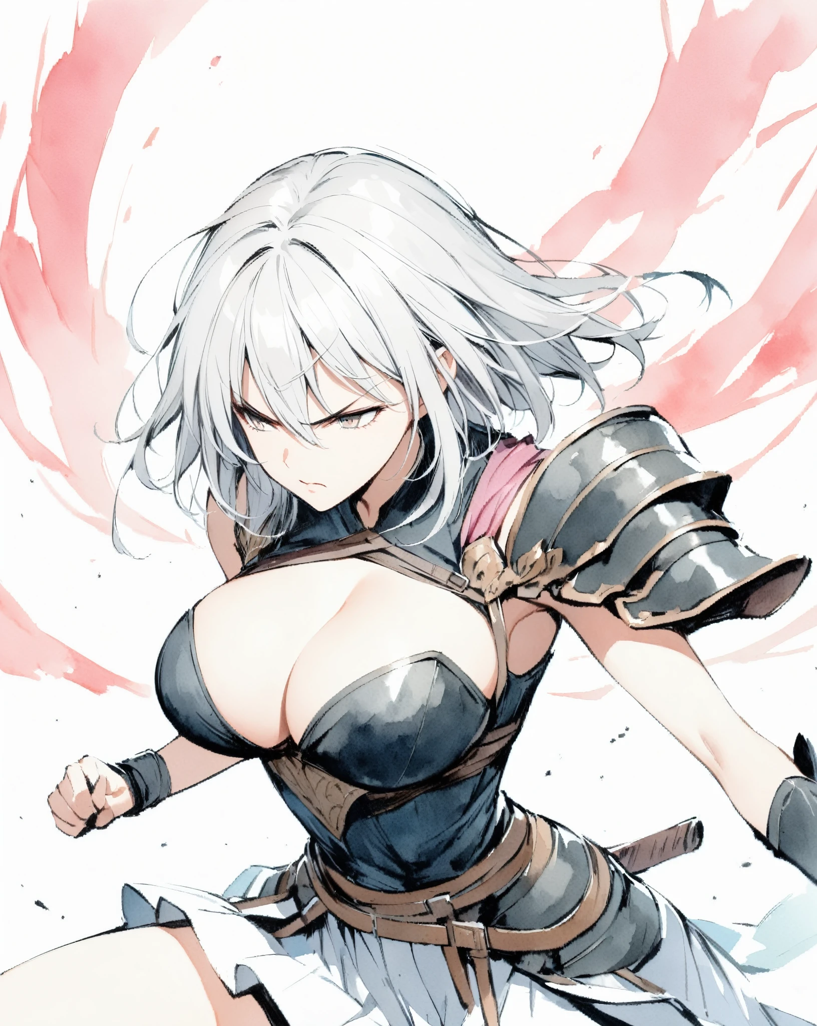 masterpiece, Best quality, watercolor (medium), 1girl, breast, Solitary, Short shoulder-length hair, Cleavage, White hair with pink highlights, Delicate gray eyes, Bangs, jewelry, skirt, Bare shoulders, sleeveless, Hair between the eyes, 单Scapula, looking at the audience, Fighting Stance, large breast, armor, shoulder armor, sleeveless skirt, Upper Body, single sleeve, white skirt, Scapula, anger, Spellcasting