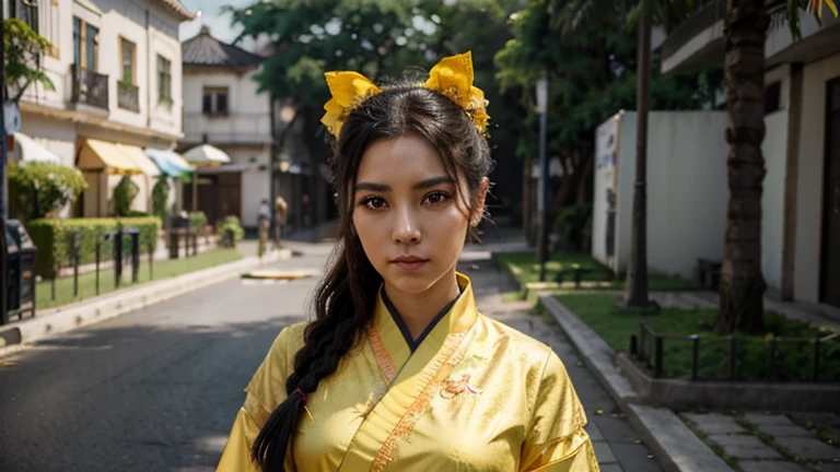 mulher araffe em um quimono amarelo sentada em uma borda, Palace , uma garota em hanfu, estilo anime 3 d realista, obras de arte no estilo de guweiz, linda pintura de personagem, anime 3d realista, trends on cgstation, estilo anime 3d, vestindo roupas chinesas antigas, chinesa, artgerm e atey ghailan