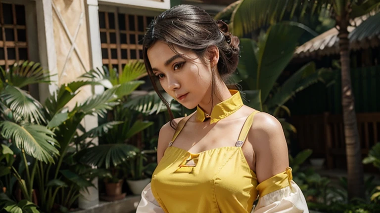 mulher araffe em um quimono amarelo sentada em uma borda, Palace , uma garota em hanfu, estilo anime 3 d realista, obras de arte no estilo de guweiz, linda pintura de personagem, anime 3d realista, trends on cgstation, estilo anime 3d, vestindo roupas chinesas antigas, chinesa, artgerm e atey ghailan