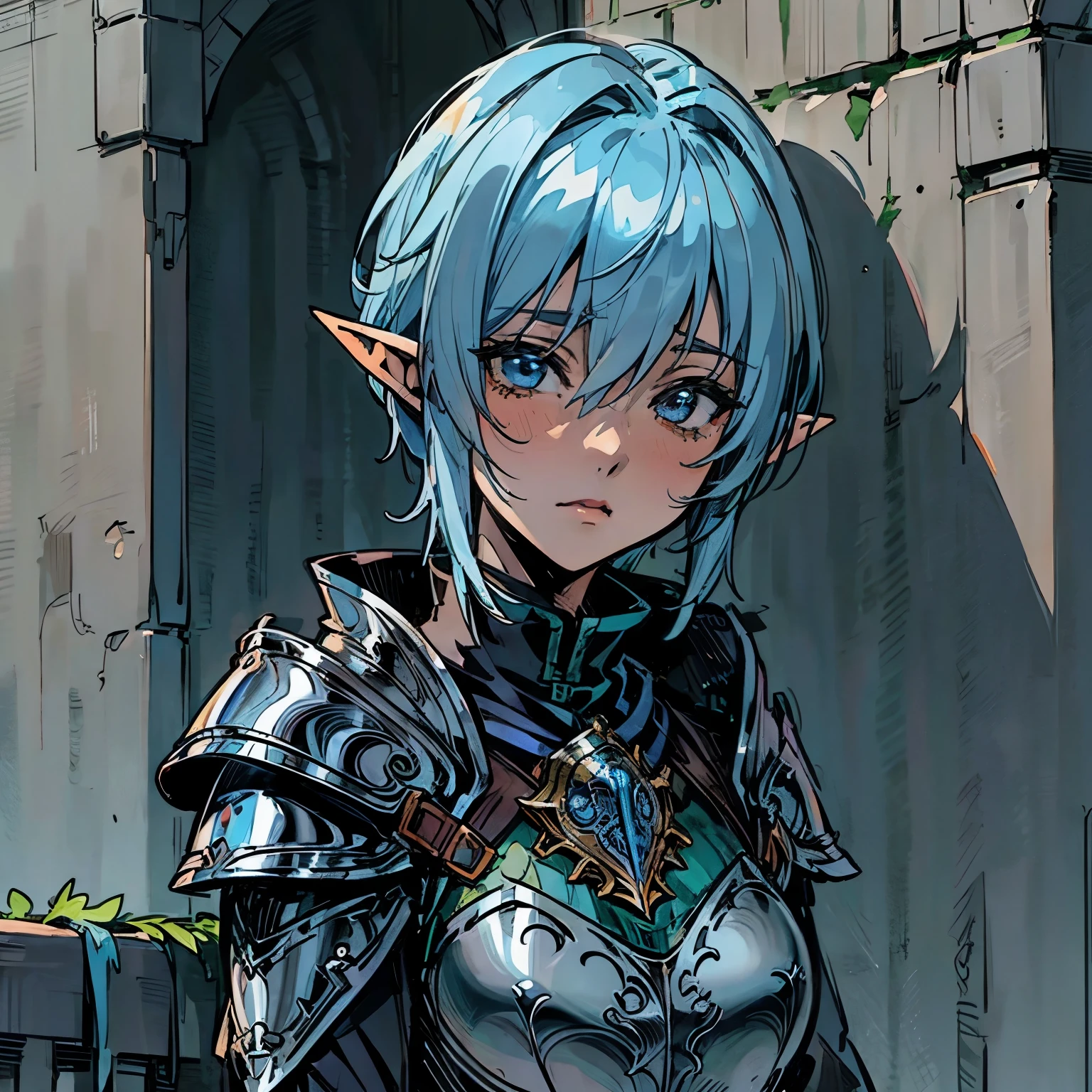 (Background: Town street) looking other way, leaning against a wall, Cleddyf the elf knight,Strong Female elf knight, wearing knight armor, kuudere, short light blue hair, short, neutral smile[Face close up, detailed face, attention to face, realistic anime], dark fantasy, medieval fantasy