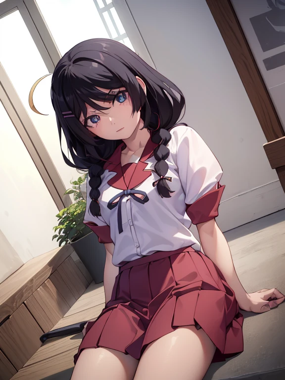 hanekawatsubasa, hanekawa tsubasa, pelo largo, pelo negro, adorno para el pelo, (ojos morados:1.1), trenza, Pinza para el cabello, twin trenzas, naoetsu alto uniforme escolar, Anteojos,
ROMPER skirt, uniforme escolar, naoetsu alto ,
ROMPER indoors, aula,
ROMPER looking at viewer,
ROMPER (Obra maestra:1.2), mejor calidad, high resolution, fondo de pantalla de unidad 8k, (illustration:0.8), (hermosos ojos detallados:1.6), cara extremadamente detallada, Perfect lighting, CG extremadamente detallado, (manos perfectas, perfect anatomy),