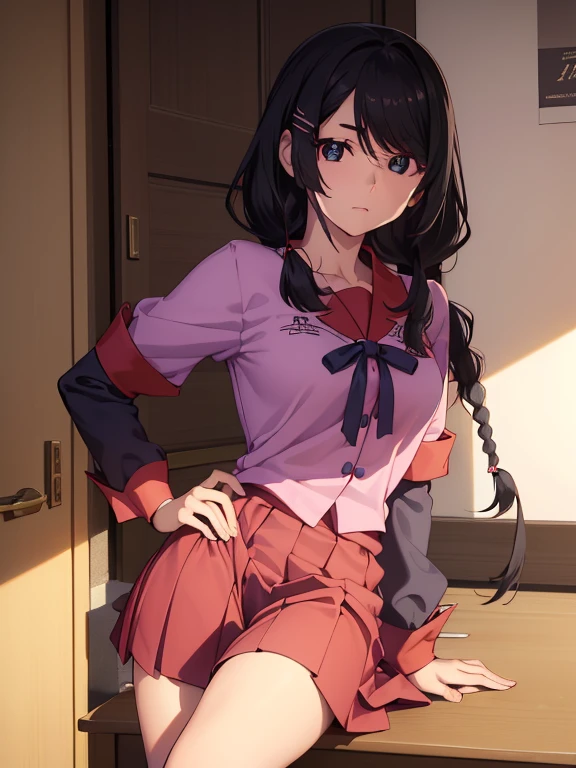 hanekawatsubasa, hanekawa tsubasa, pelo largo, pelo negro, adorno para el pelo, (ojos morados:1.1), trenza, Pinza para el cabello, twin trenzas, naoetsu alto uniforme escolar, Anteojos,
ROMPER skirt, uniforme escolar, naoetsu alto ,
ROMPER indoors, aula,
ROMPER looking at viewer,
ROMPER (Obra maestra:1.2), mejor calidad, high resolution, fondo de pantalla de unidad 8k, (illustration:0.8), (hermosos ojos detallados:1.6), cara extremadamente detallada, Perfect lighting, CG extremadamente detallado, (manos perfectas, perfect anatomy),