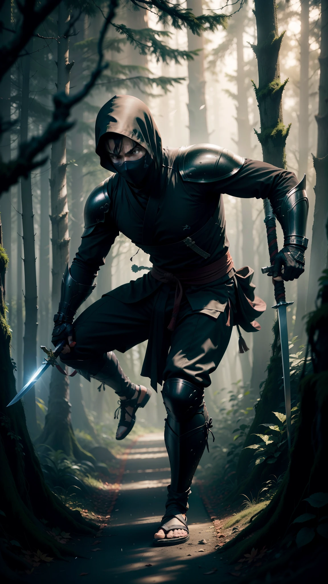 cinematic photo, A ninja with a sword sneaks through the trees of the zhlungs, movie lighting, cinematic quality, film grain, maximum realism, high resolution, muy detallado