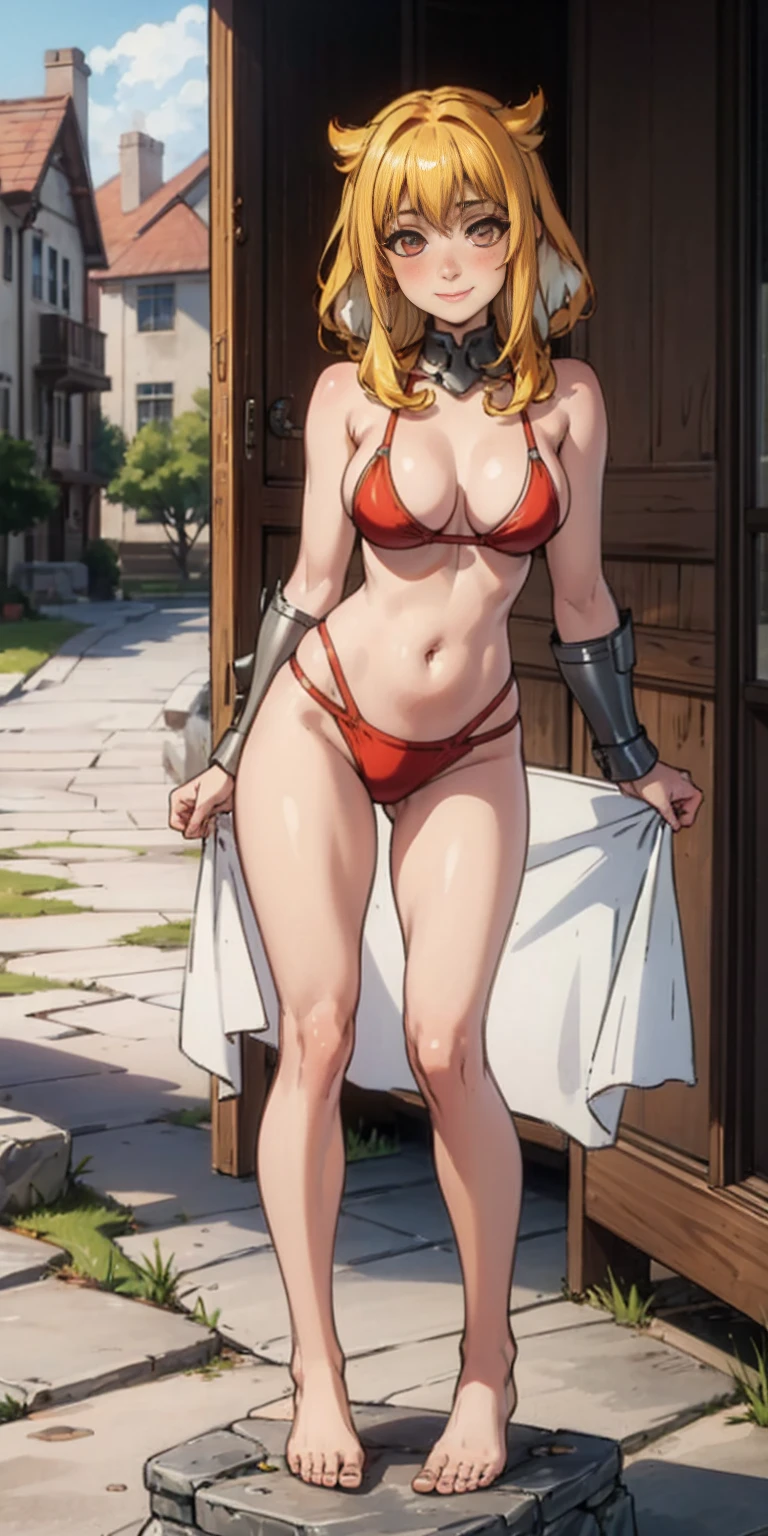 Roxanne Demin kin 1girl, solo, medium breasts, Body position: Standing, straight, symmetrical, barefoot, Lustful smile on face with red blush, fluffy ears, dog ears, blonde hair, bikini armor venus body