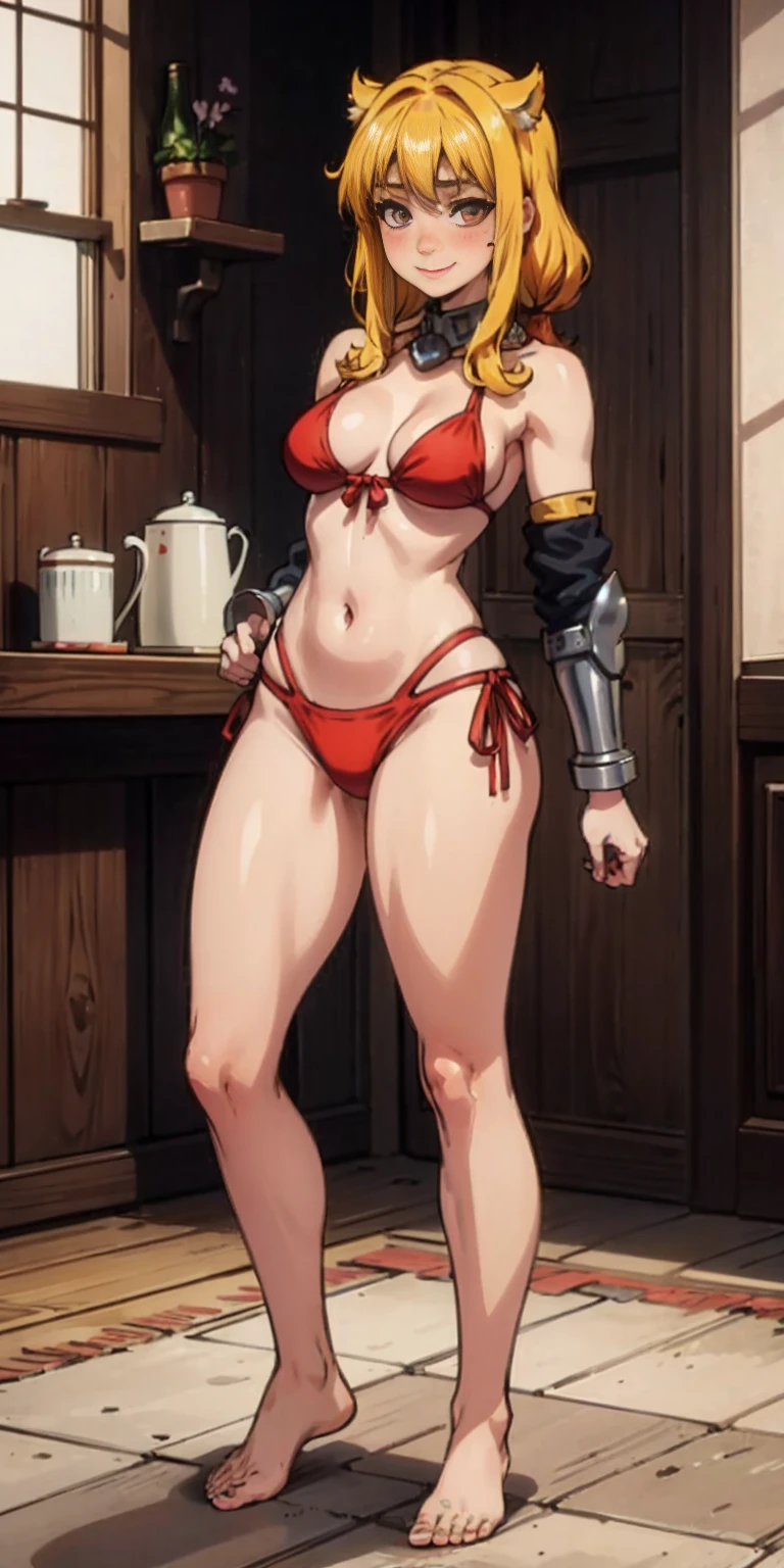 Roxanne Demin kin 1girl, solo, medium breasts, Body position: Standing, straight, symmetrical, barefoot, Lustful smile on face with red blush, fluffy ears, dog ears, blonde hair, bikini armor venus body