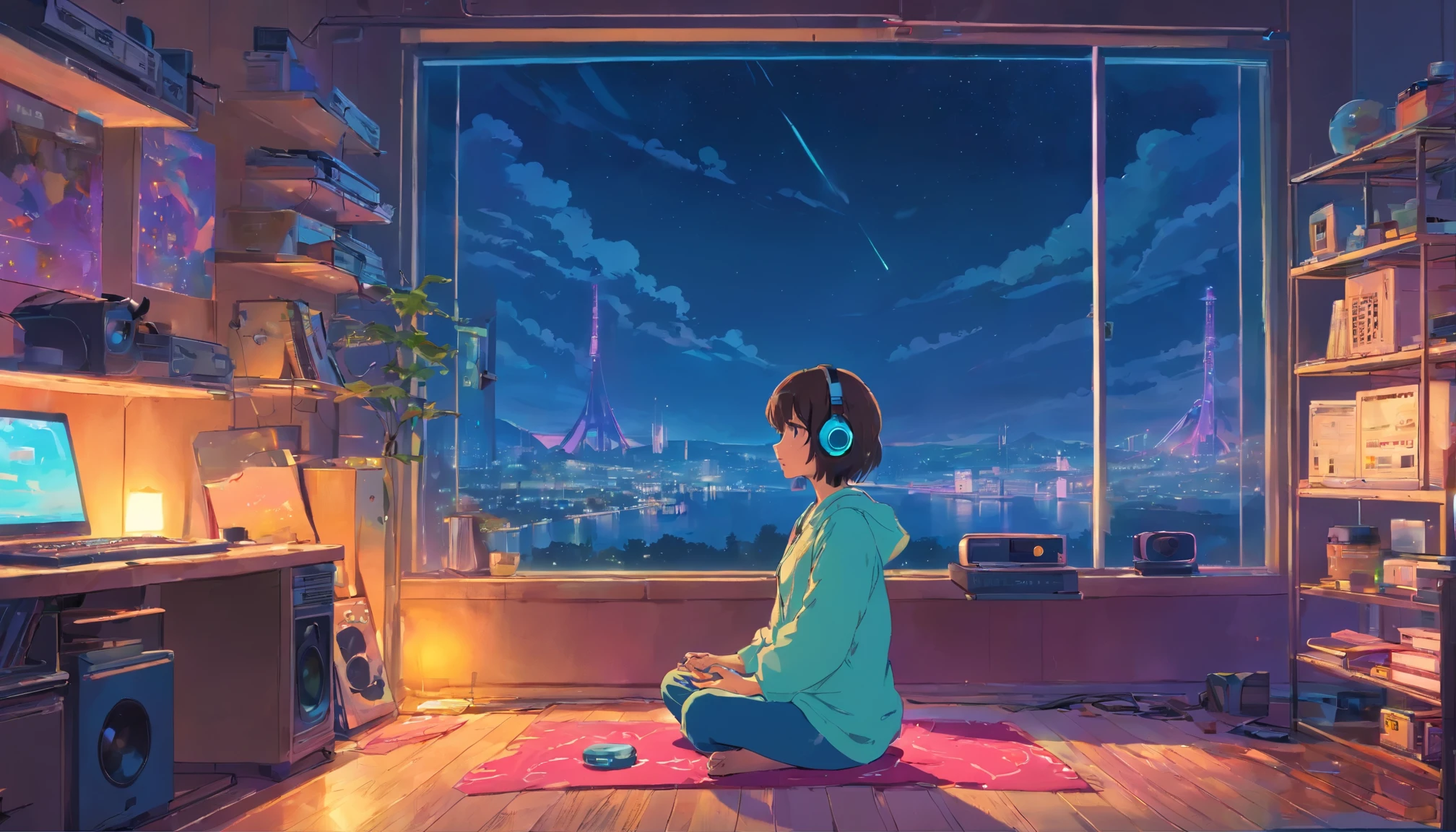 European Hippie Girl meditating in her room, dreaming, Wear headphones, night lights, Neon landscape on a rainy day, Analog Color Theme, Lo-Fi Hip Hop , retrospective, flat, 2.5D ,Draw a line, Ink Drawing, Large slope, Watercolor painting, Goosch Colors, Studio Ghibli Style, Awesome colorful, Outer Ton, krautrock, lofi art, 70s style,Old texture, amplitude,psychedelic vibe, masterpiece, Tremendous technology,