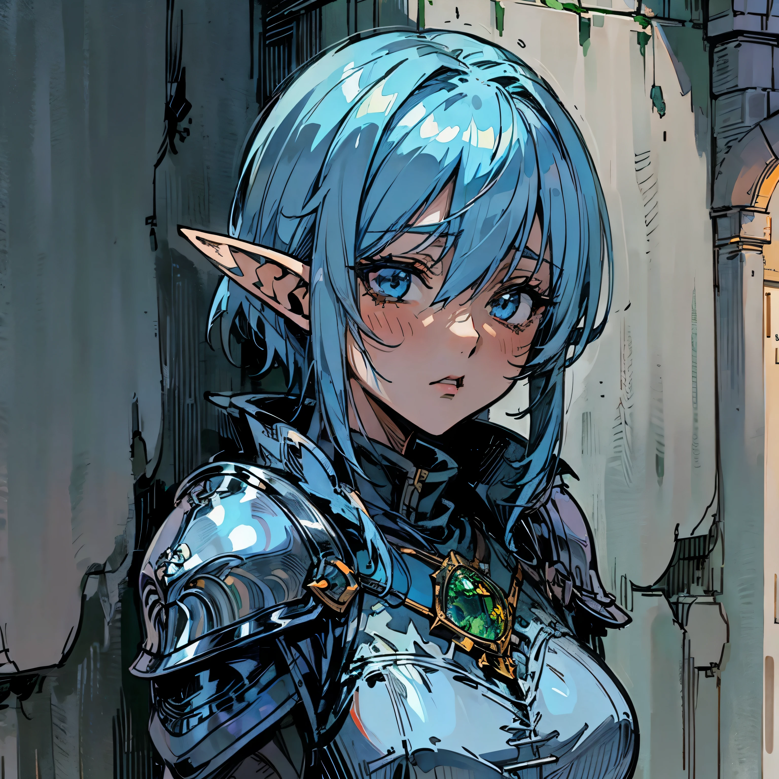 (Background: Town street) looking other way, leaning against a wall, Cleddyf the elf knight,Strong Female elf knight, wearing knight armor, kuudere, short light blue hair, short, neutral smile[Face close up, detailed face, attention to face, realistic anime], dark fantasy, medieval fantasy