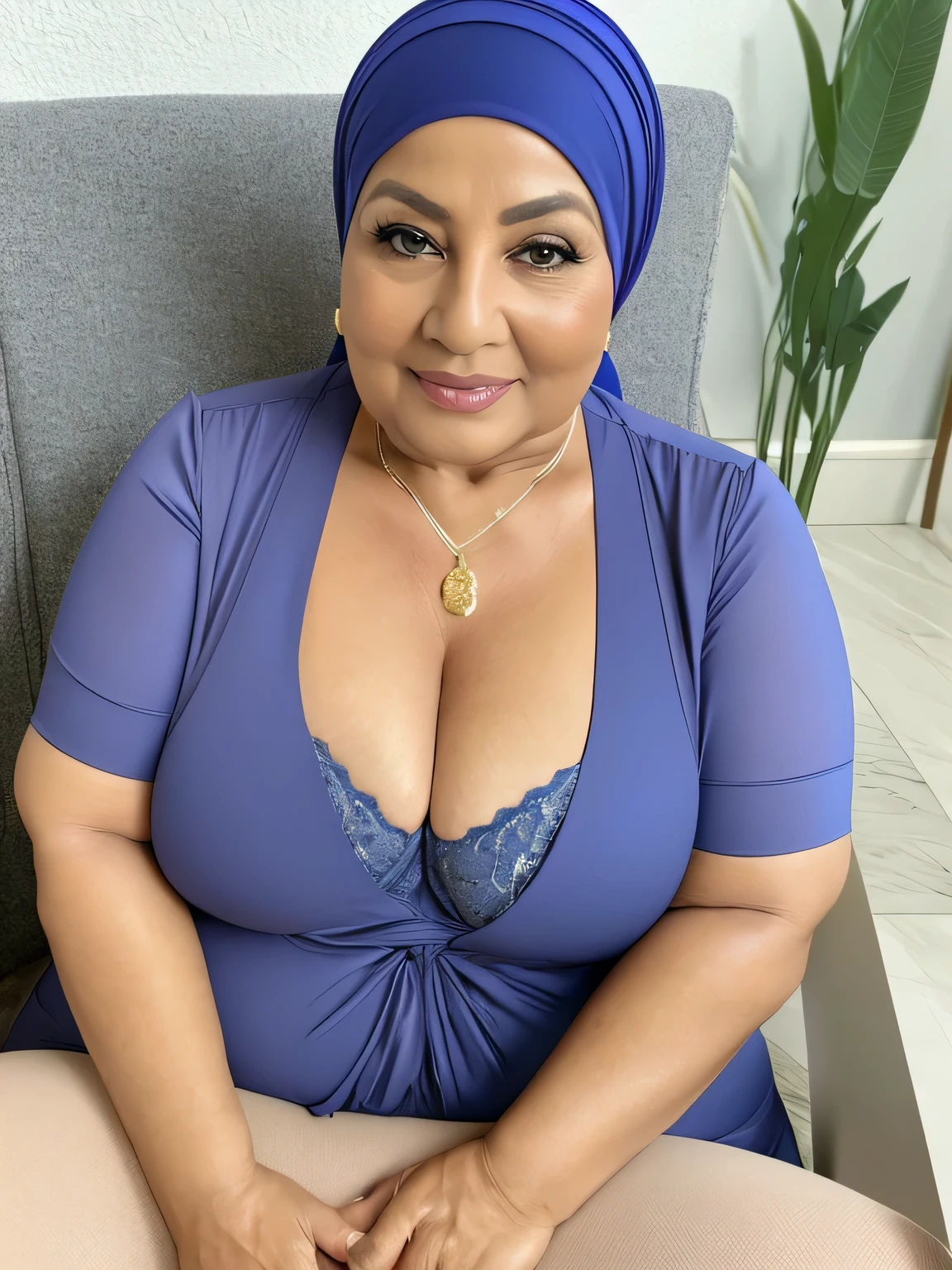 (Realistic) (real mature face) 68 Years old fat Brunei mature woman, sexy curvy, (sexy chubby body shape), wearing Wide Hijab, natural makeup, showing natural saggy breast : 96.9, (her cleavage was exposed), gorgeous eyes, Soft smile,