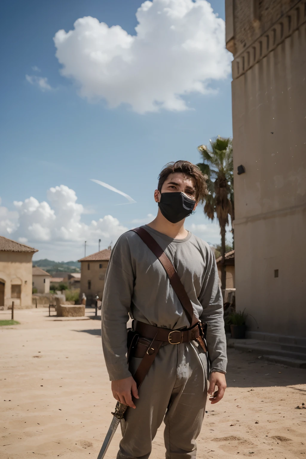 ((melhor qualidade)), ((obra de arte)), (detalhado), 20 year old young man wearing a mask on his face, com capuz, with sword in hand, looking at the sky talking to God, Medieval period