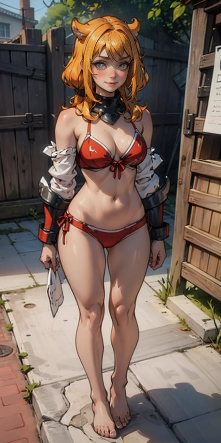 Roxanne Demin kin 1girl, solo, medium breasts, Body position: Standing, straight, symmetrical, barefoot, Lustful smile on face with red blush, fluffy ears, dog ears, blonde hair, bikini armor venus body